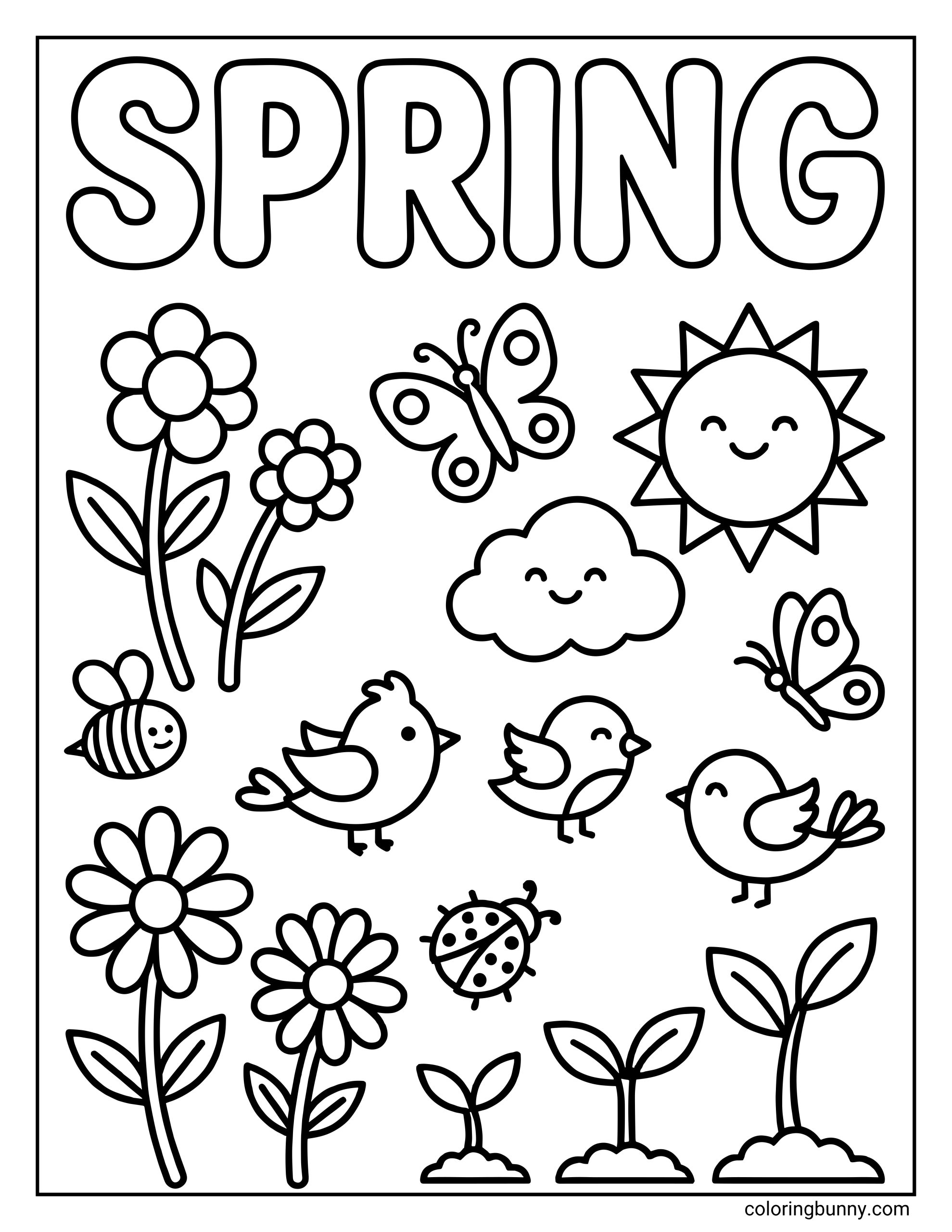 A fun Spring coloring page featuring the text "SPRING" above three small birds, a ladybug, a bee, flowers, sprouts, a smiling cloud, and a smiling sun.