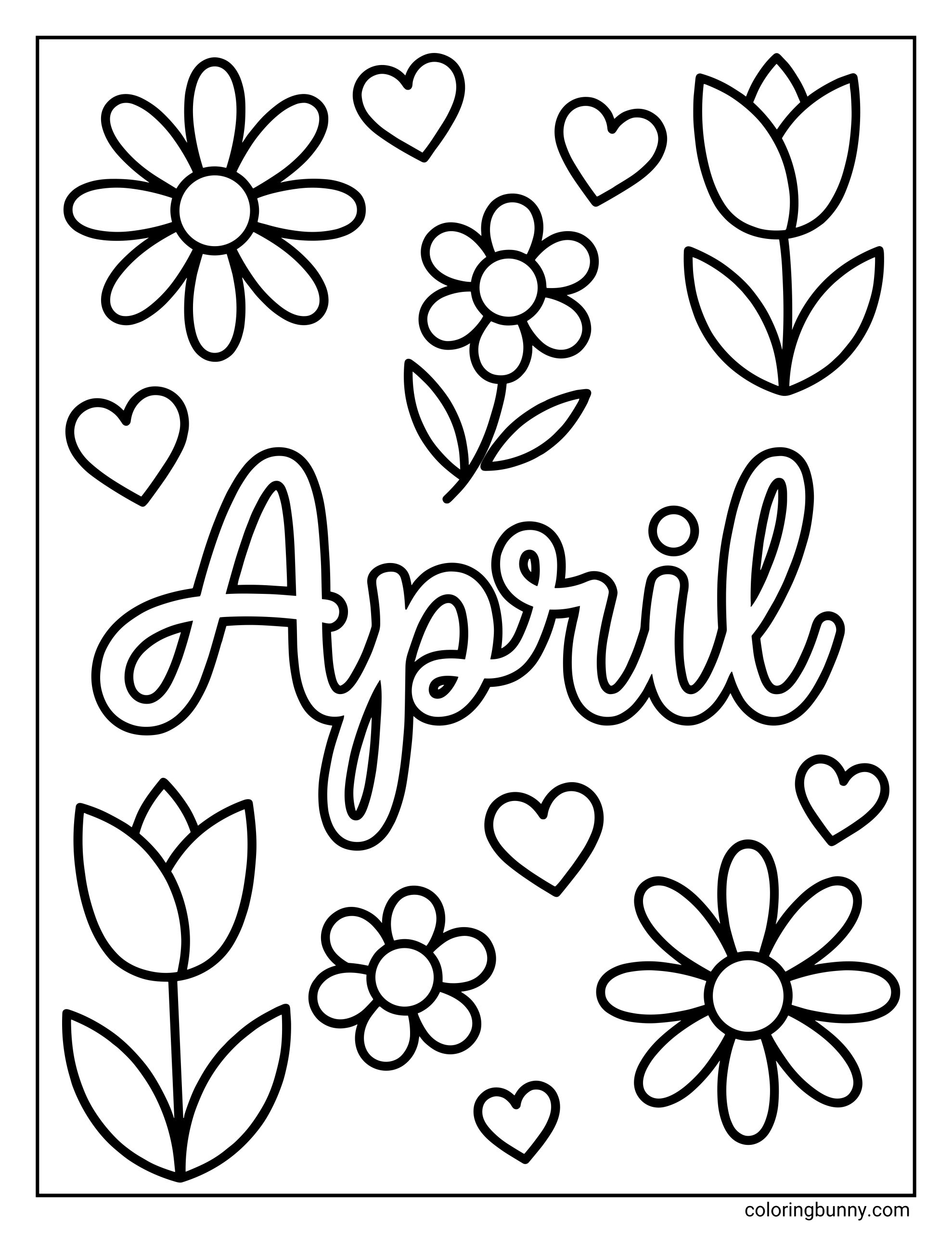 An April coloring page with the word "April" in cursive script, surrounded by simple tulips, daisies, and floating hearts.