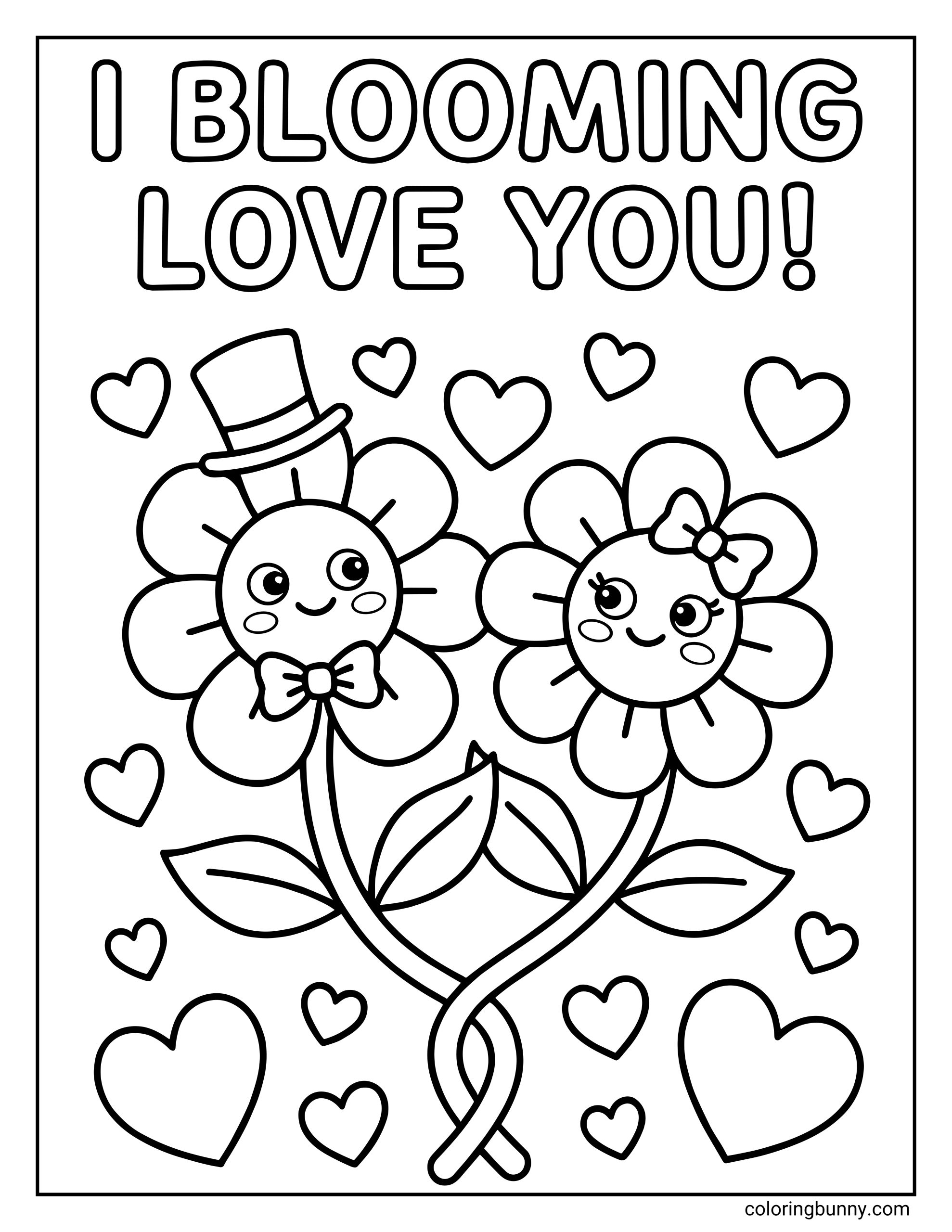 An I Love You coloring page featuring two smiling flowers with intertwined stems under the punny text "I BLOOMING LOVE YOU!" One wears a top hat and bow tie, while the other wears a hair bow.