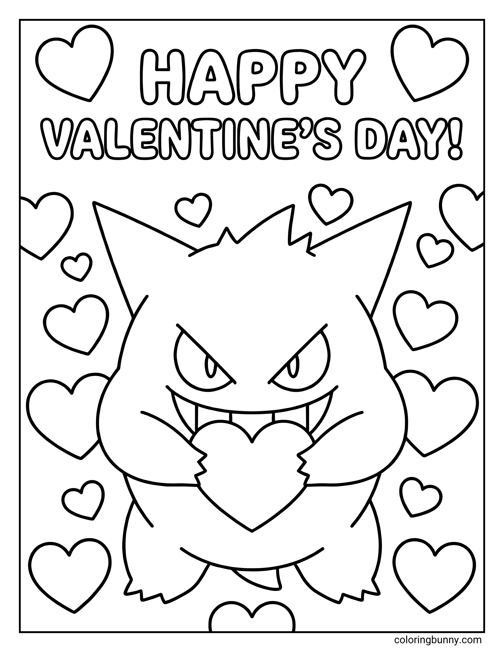 A coloring page of the Pokemon Gengar holding a heart and smiling, surrounded by other hearts under the text 'HAPPY VALENTINE'S DAY!'