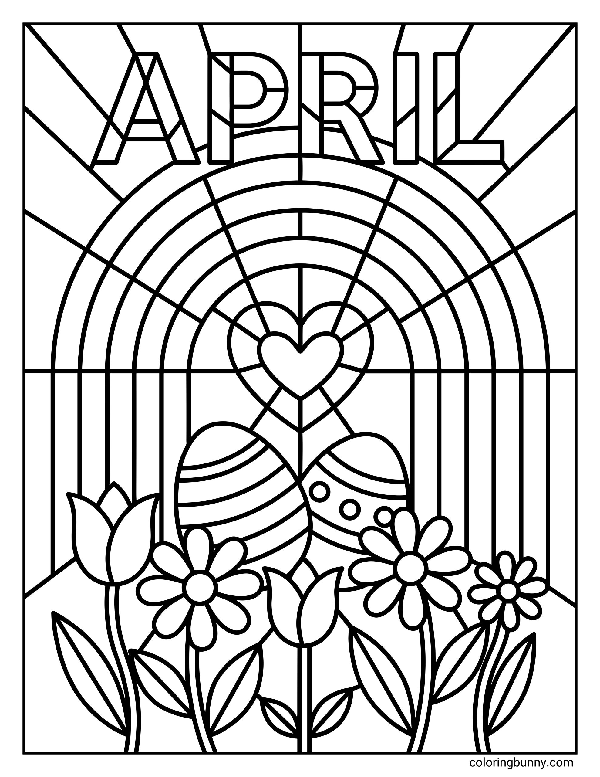 A stained-glass style April coloring page featuring the word "APRIL" above a geometric rainbow, heart, Easter eggs, and spring flowers.