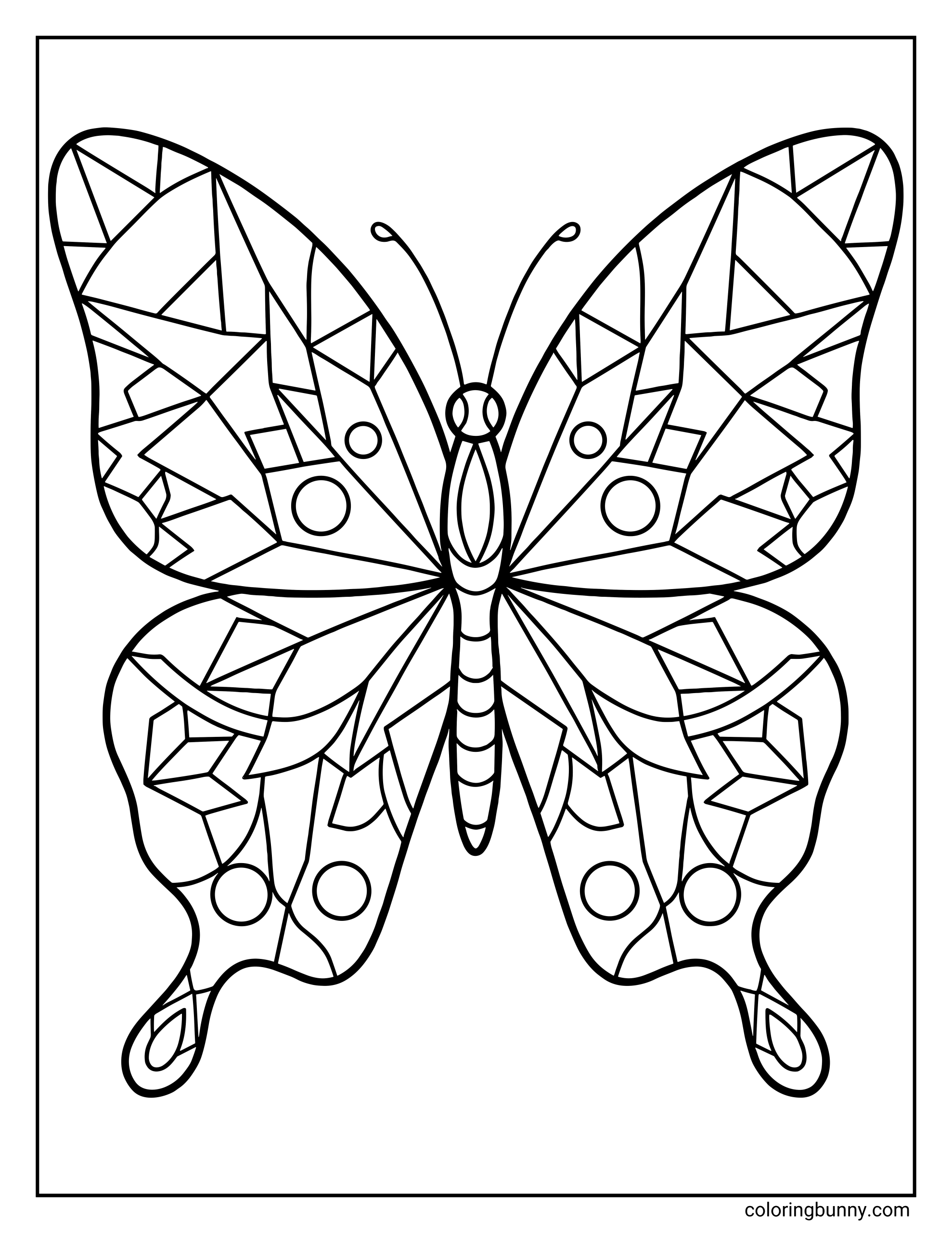 A geometric butterfly coloring page featuring a large, symmetrical butterfly centered on the page. The wings are filled with sharp angular shapes, triangles, zigzags, circles, and mosaic-style segments that create a stained-glass effect. The intricate wing patterns offer many small spaces for detailed coloring, making this page ideal for older kids, teens, and adults who enjoy structured, pattern-heavy designs.