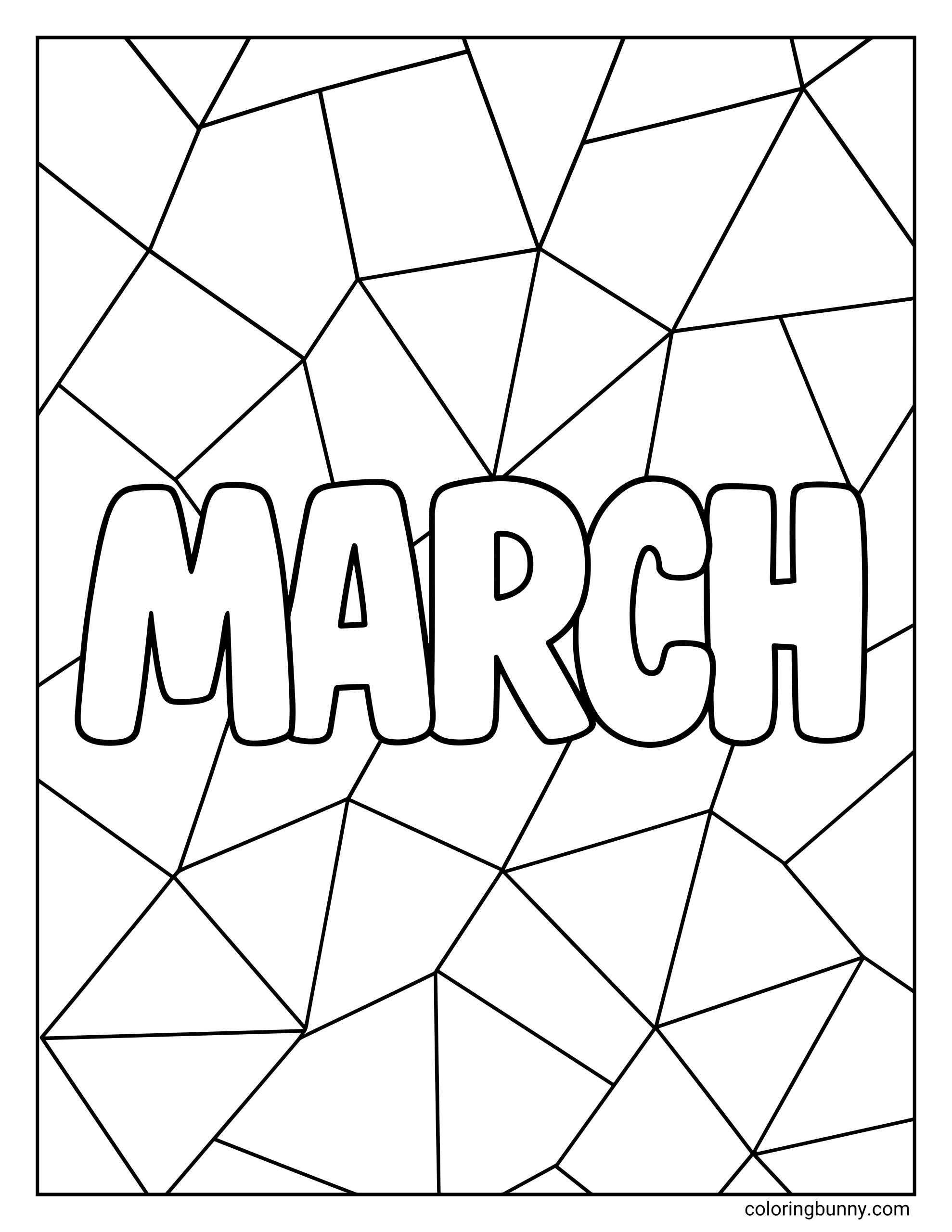A coloring page featuring the word "MARCH" in bubble letters, set against a background of abstract geometric shapes like triangles and polygons.