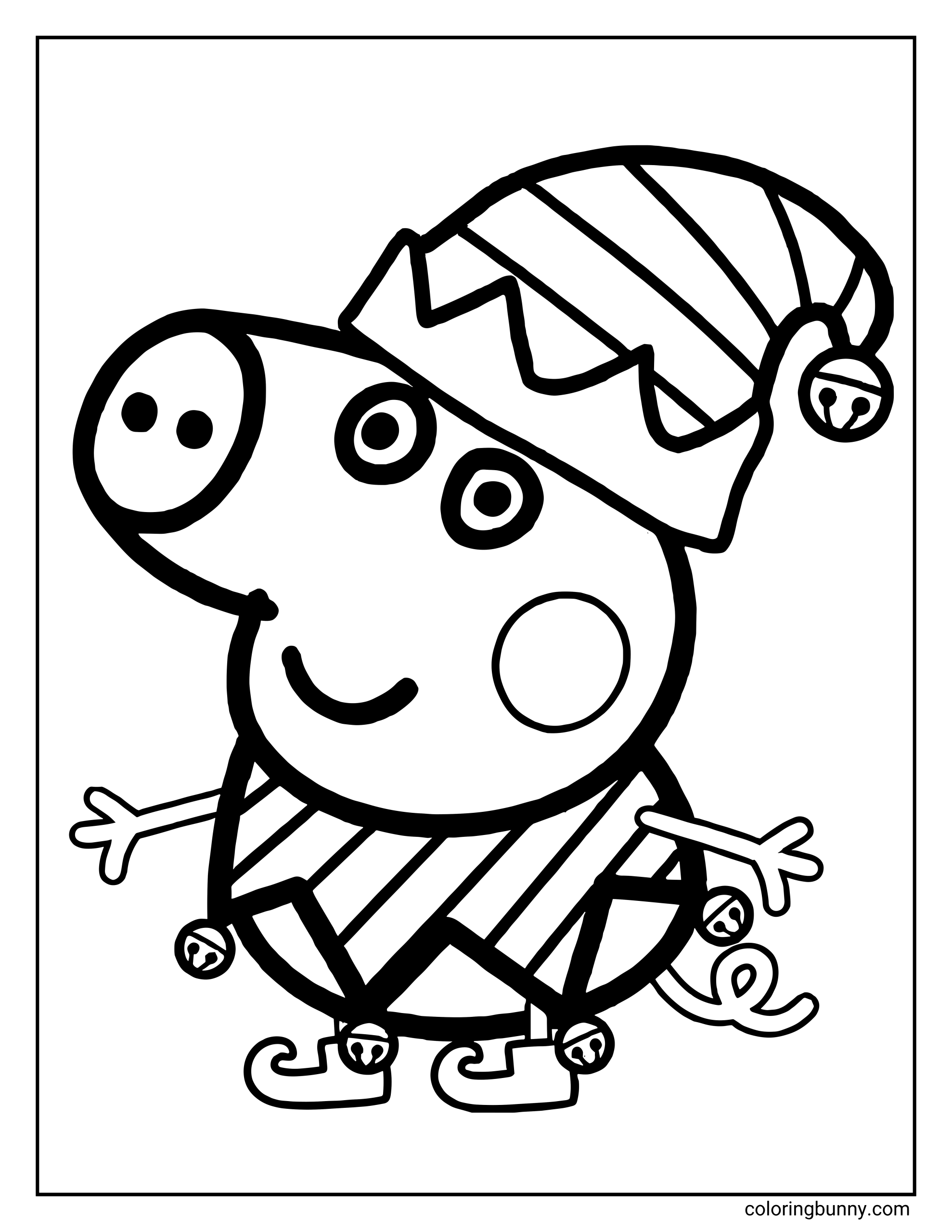 A Peppa Pig Christmas coloring page showing George Pig dressed as an elf, wearing a striped elf outfit with a zigzag pattern, a pointed elf hat with a bell, curled elf shoes with bells, and smiling with arms out.