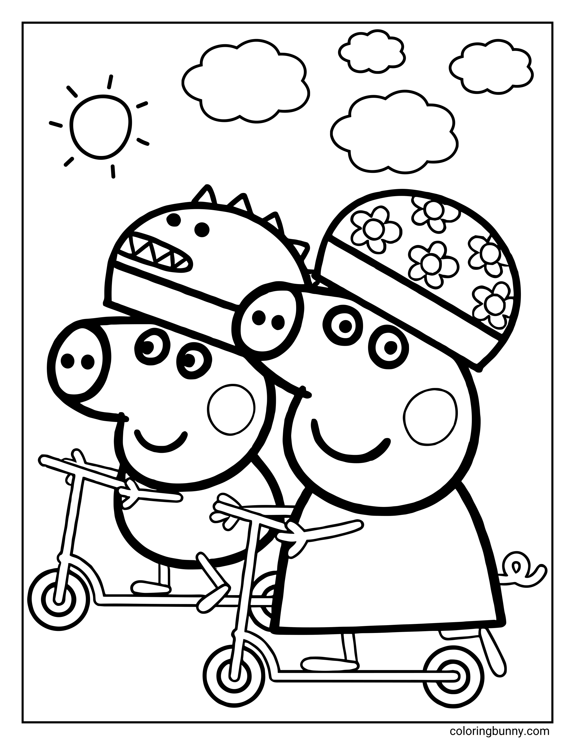 A Peppa Pig coloring page showing Peppa Pig and George Pig riding scooters side by side. Both characters are smiling and wearing helmets, with George’s helmet featuring a dinosaur design and Peppa’s helmet decorated with flower patterns. Each character stands on their own scooter with handlebars and wheels visible. The background includes a bright sun in the top left corner, several fluffy clouds in the sky, and open space behind them.