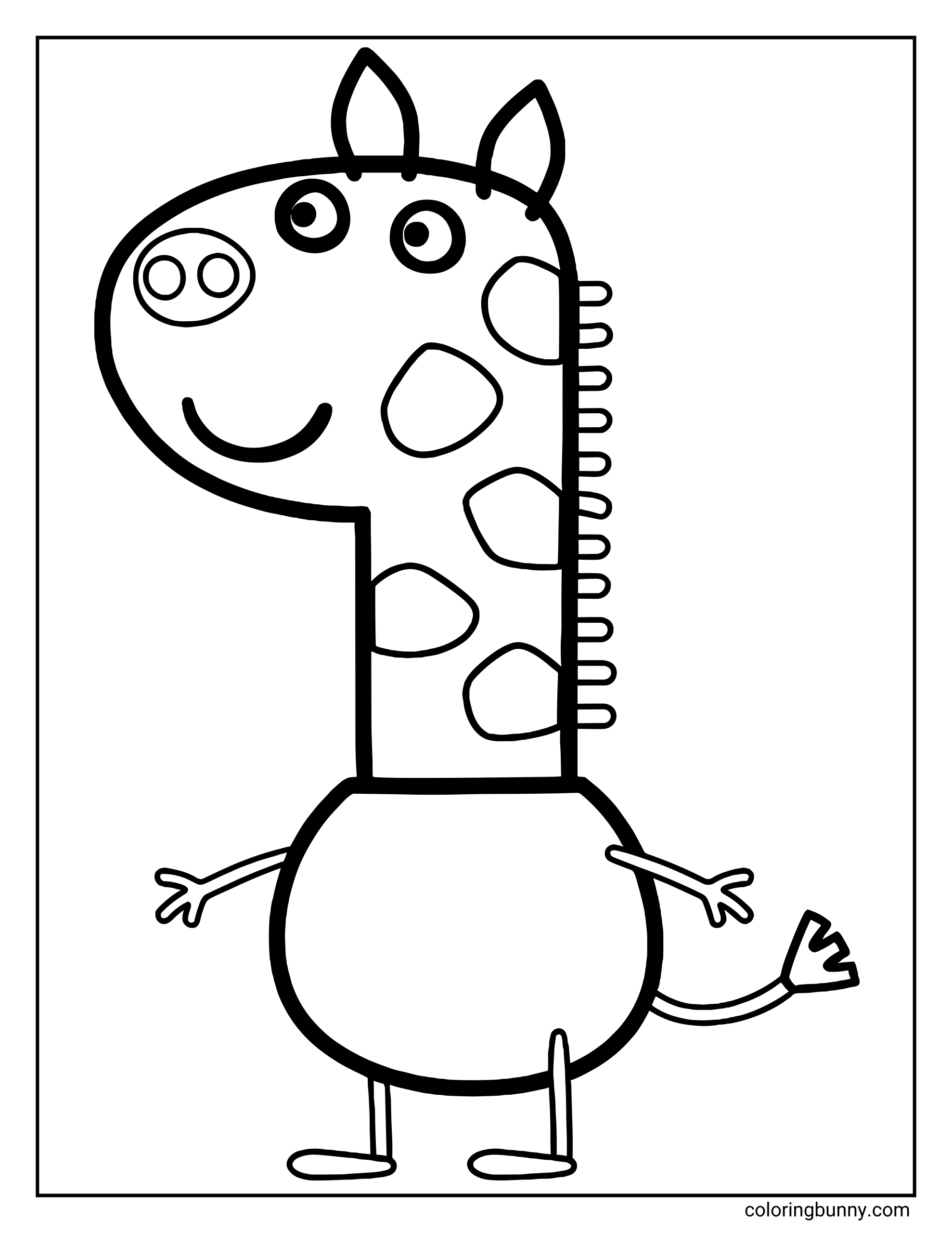 A Gerald Giraffe Peppa Pig coloring page showing Gerald Giraffe standing and smiling with his long neck, spots, small horns, short mane, tail, and outstretched arms.