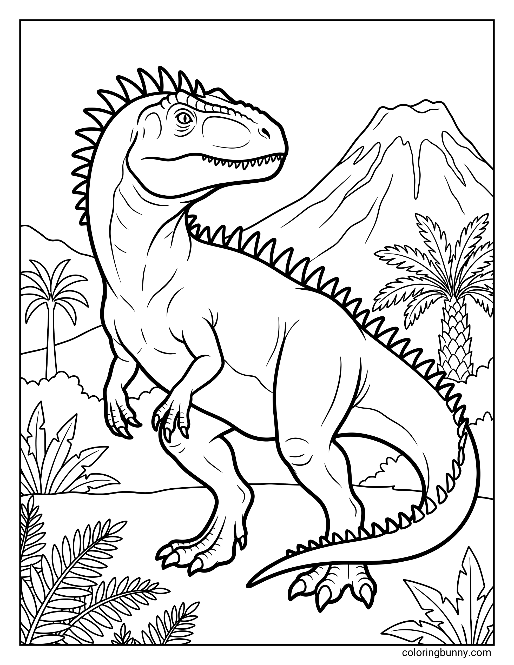 A detailed Giganotosaurus coloring page showing a massive theropod dinosaur with spikes on the head, back and tail, standing in a prehistoric jungle scene, with palm trees, tropical plants, and a volcano rising in the background, drawn in bold outlines.