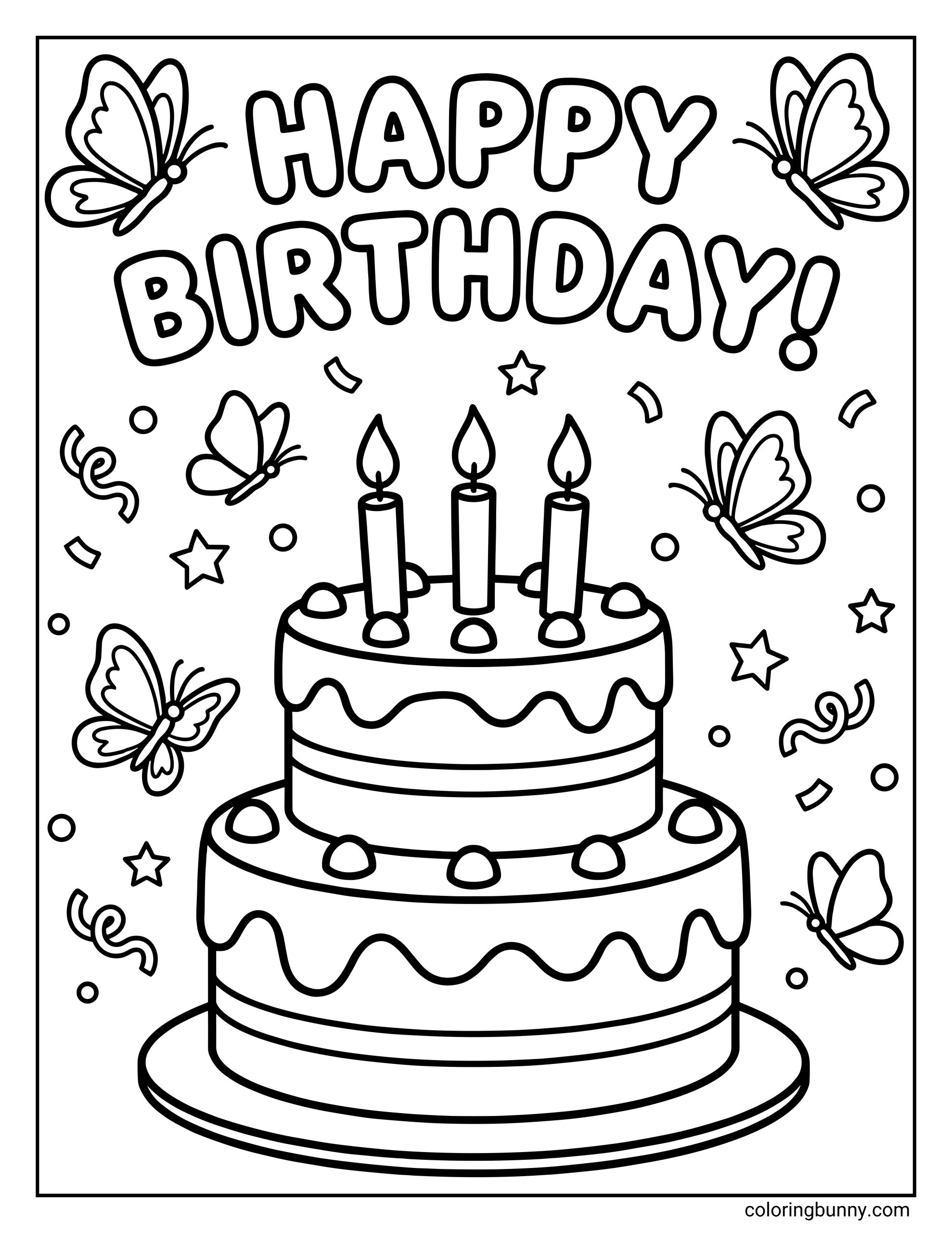 A cheerful Happy Birthday butterfly coloring page featuring a two-tier birthday cake topped with three lit candles and dripping icing details. The words “Happy Birthday!” appear in large, rounded bubble letters at the top. Butterflies flutter around the cake alongside stars, confetti, streamers, and dots, creating a festive party atmosphere. Bold, clean outlines and spacious sections make this page easy and fun to color.