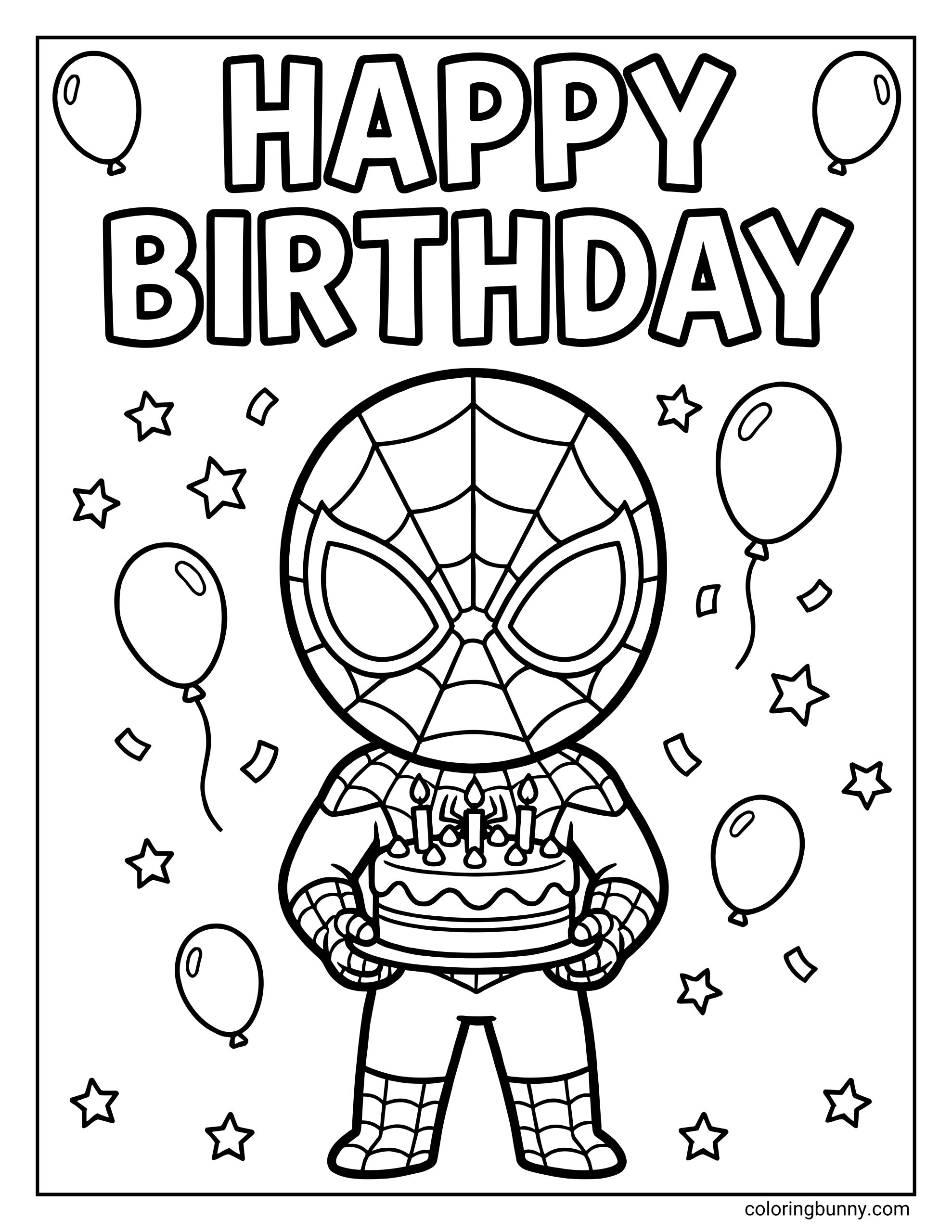 A coloring page of Spider-Man holding a birthday cake with candles, surrounded by floating balloons, stars, and large "HAPPY BIRTHDAY" text.