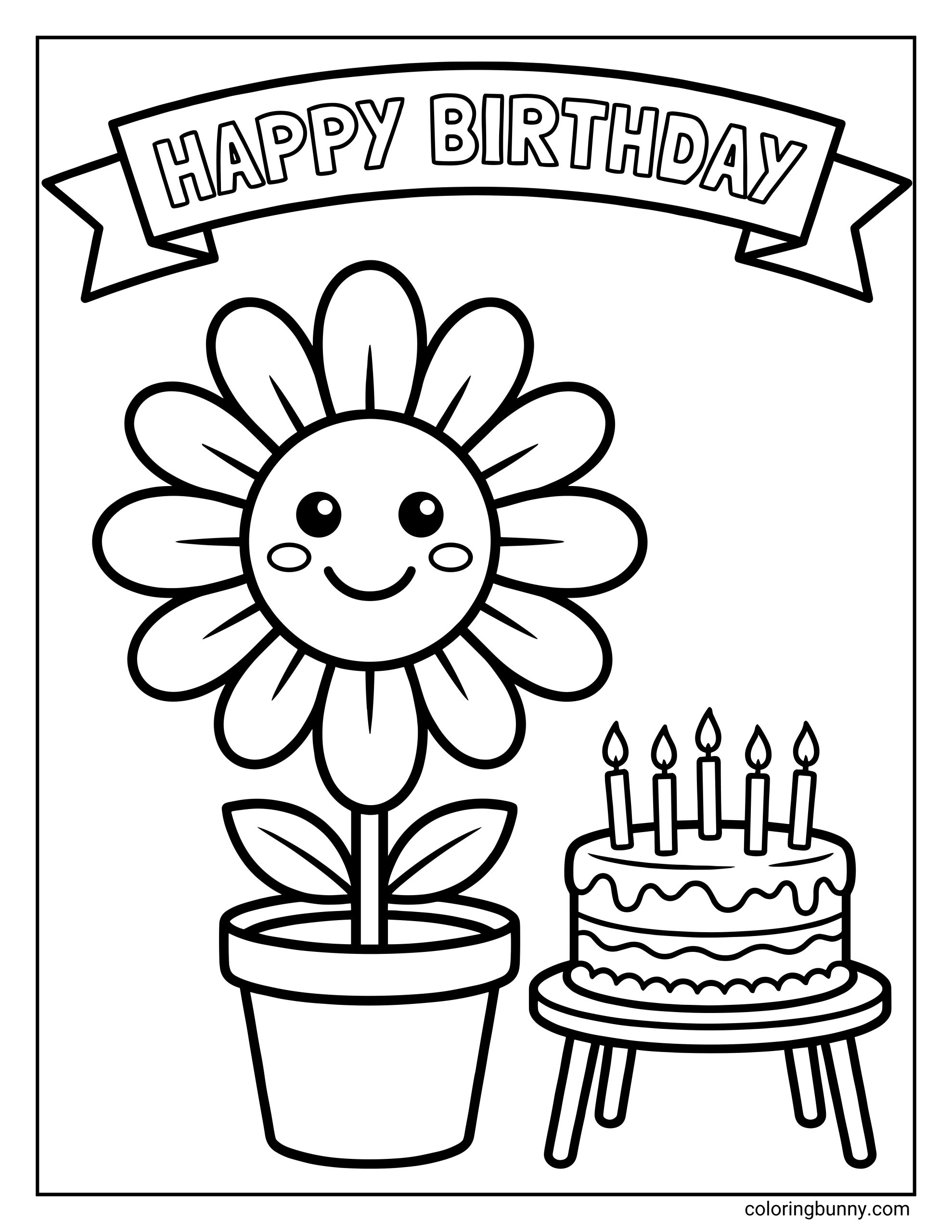 A happy birthday sunflower coloring page featuring a smiling sunflower in a pot next to a birthday cake with candles, topped with a “Happy Birthday” banner, drawn in bold, simple lines.