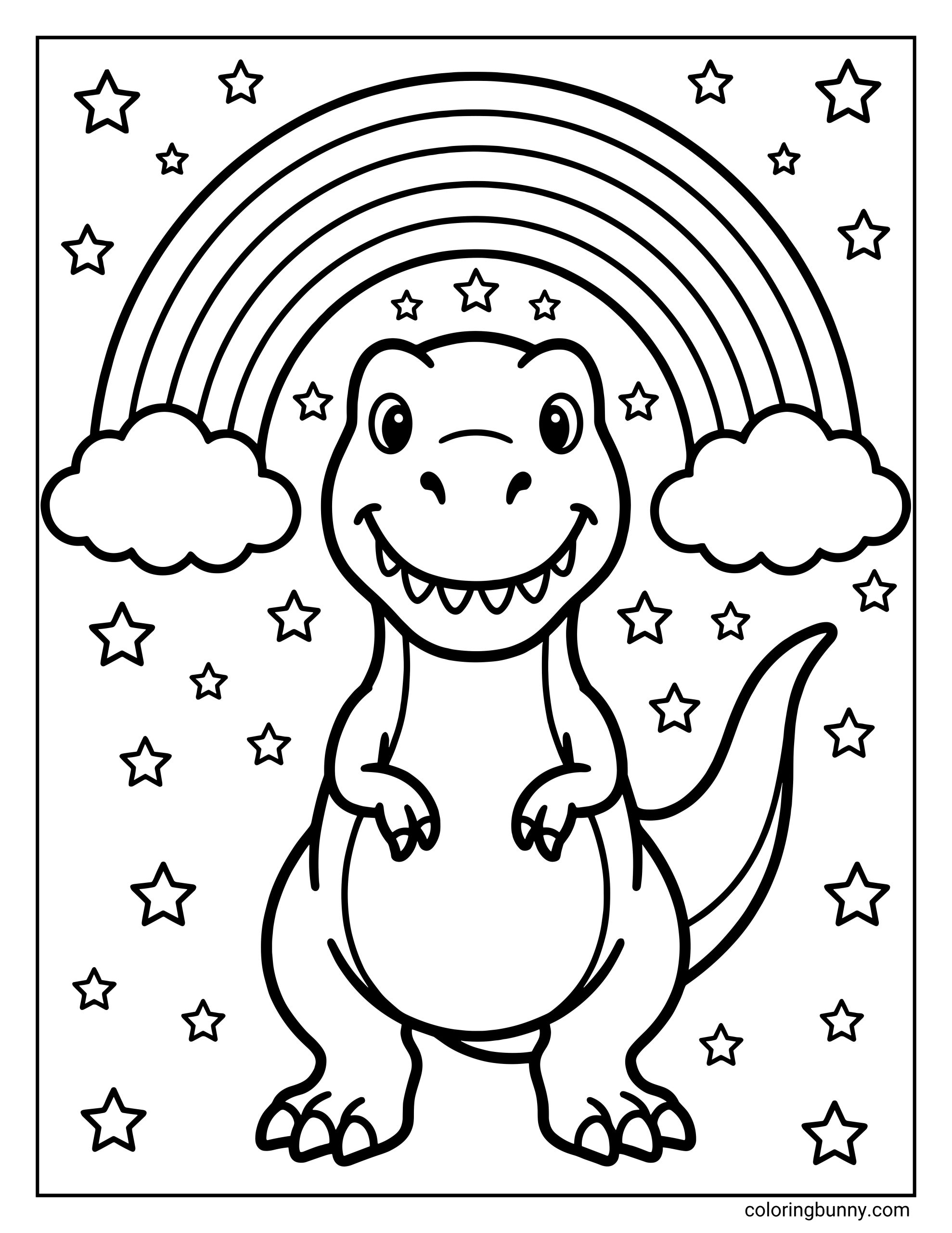 A cute T-Rex coloring page featuring a smiling dinosaur standing under a rainbow with fluffy clouds and scattered stars, drawn with bold, simple outlines.