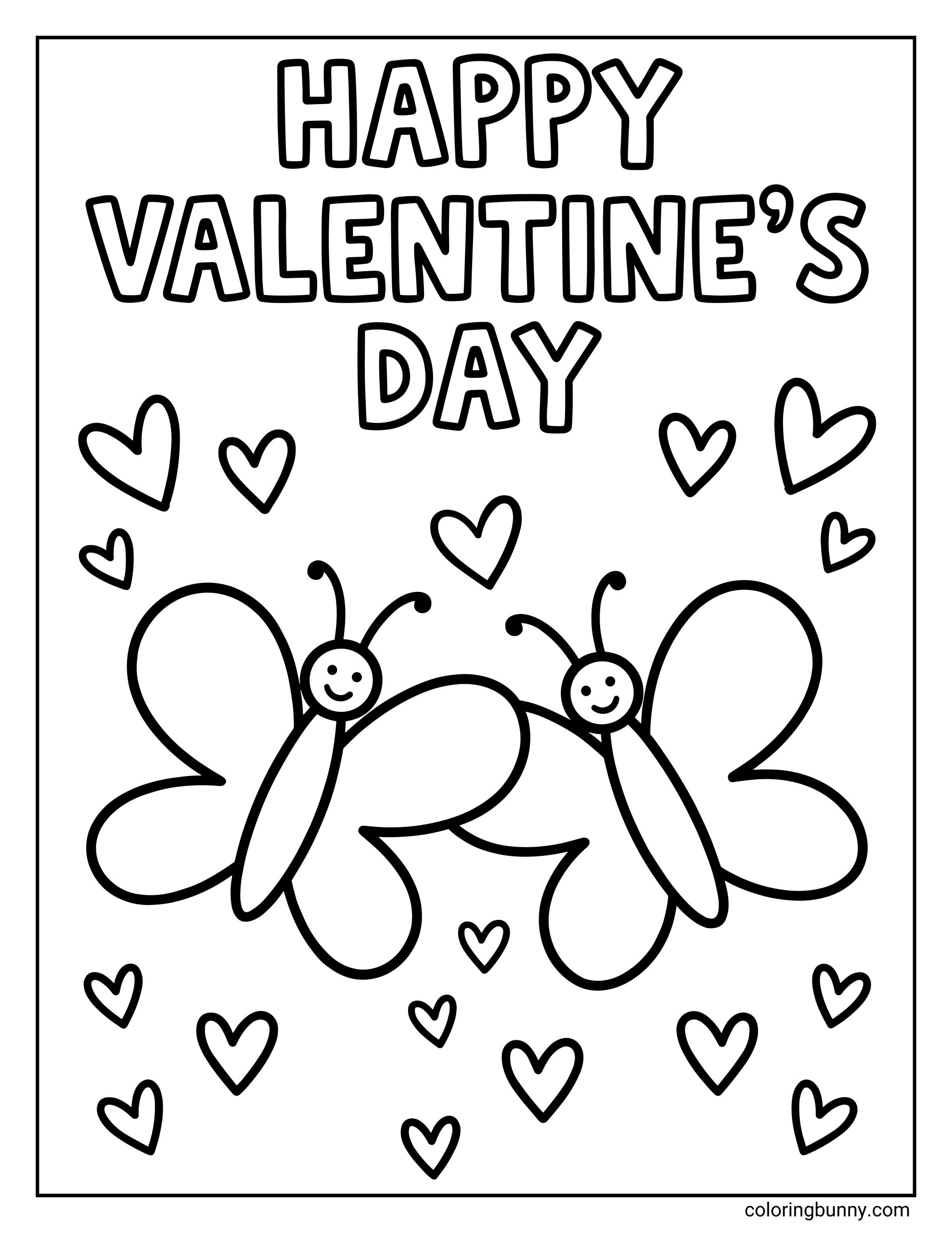 A simple Valentine’s Day butterfly coloring page showing two smiling butterflies next to each other. The page features the words “HAPPY VALENTINE'S DAY” at the top, surrounded by floating hearts of different sizes, all drawn with thick, rounded outlines for easy and joyful coloring.