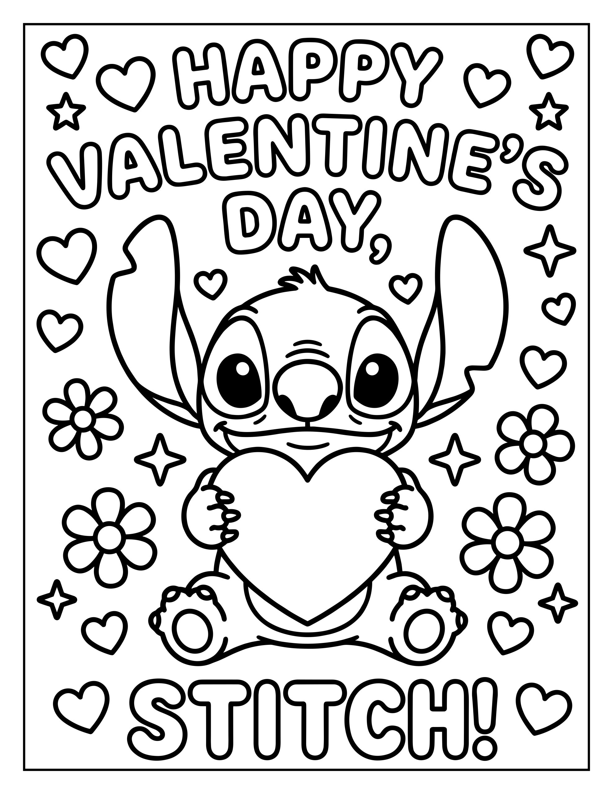 An easy kids coloring page of Stitch sitting down and holding a large heart, surrounded by floating hearts, stars, and flowers under the words "HAPPY VALENTINE'S DAY, STITCH!"