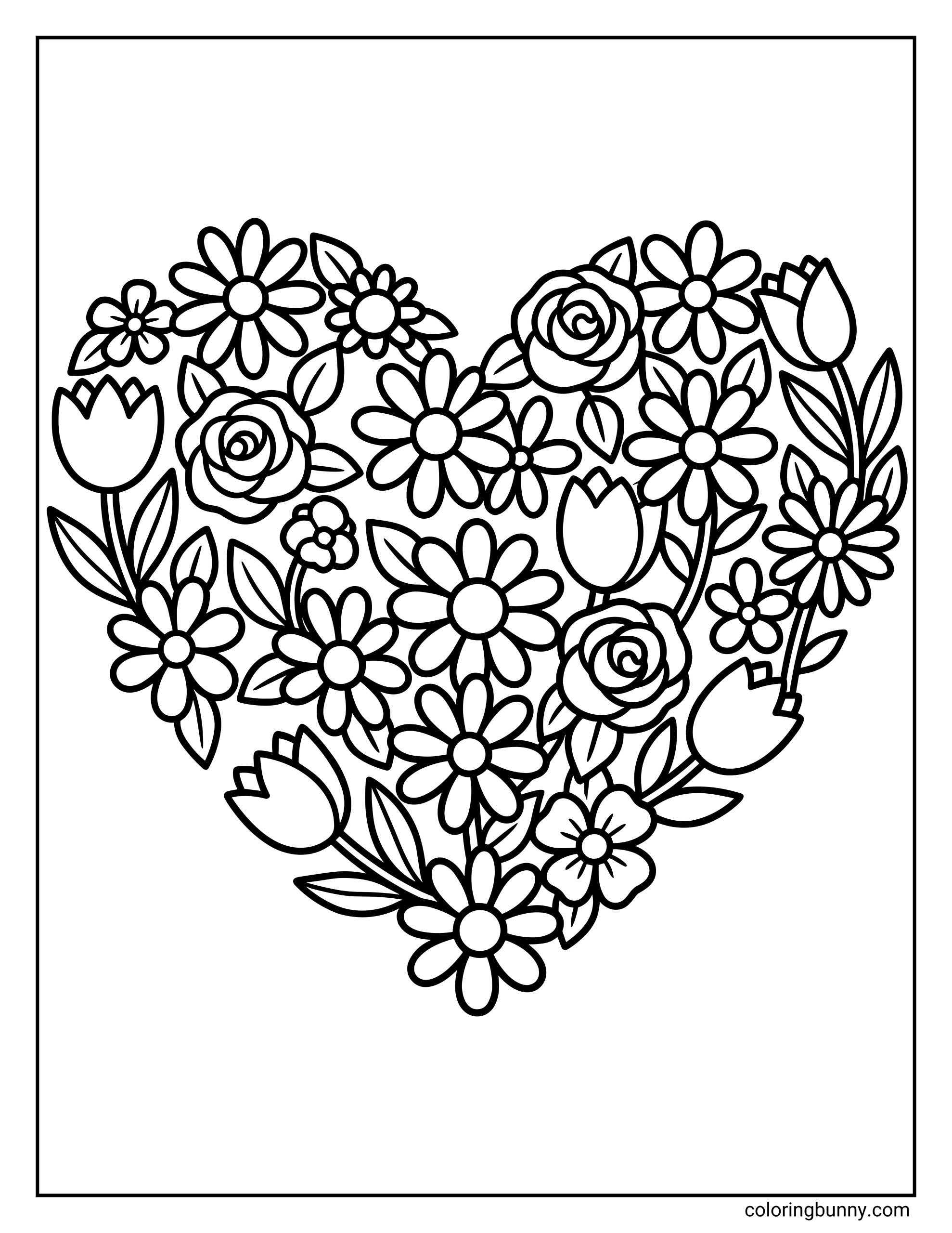 A heart-shaped flowers coloring page filled with a variety of blooming flowers, including daisies, roses, tulips, and leafy details, arranged in a heart outline with bold, clean lines for coloring.