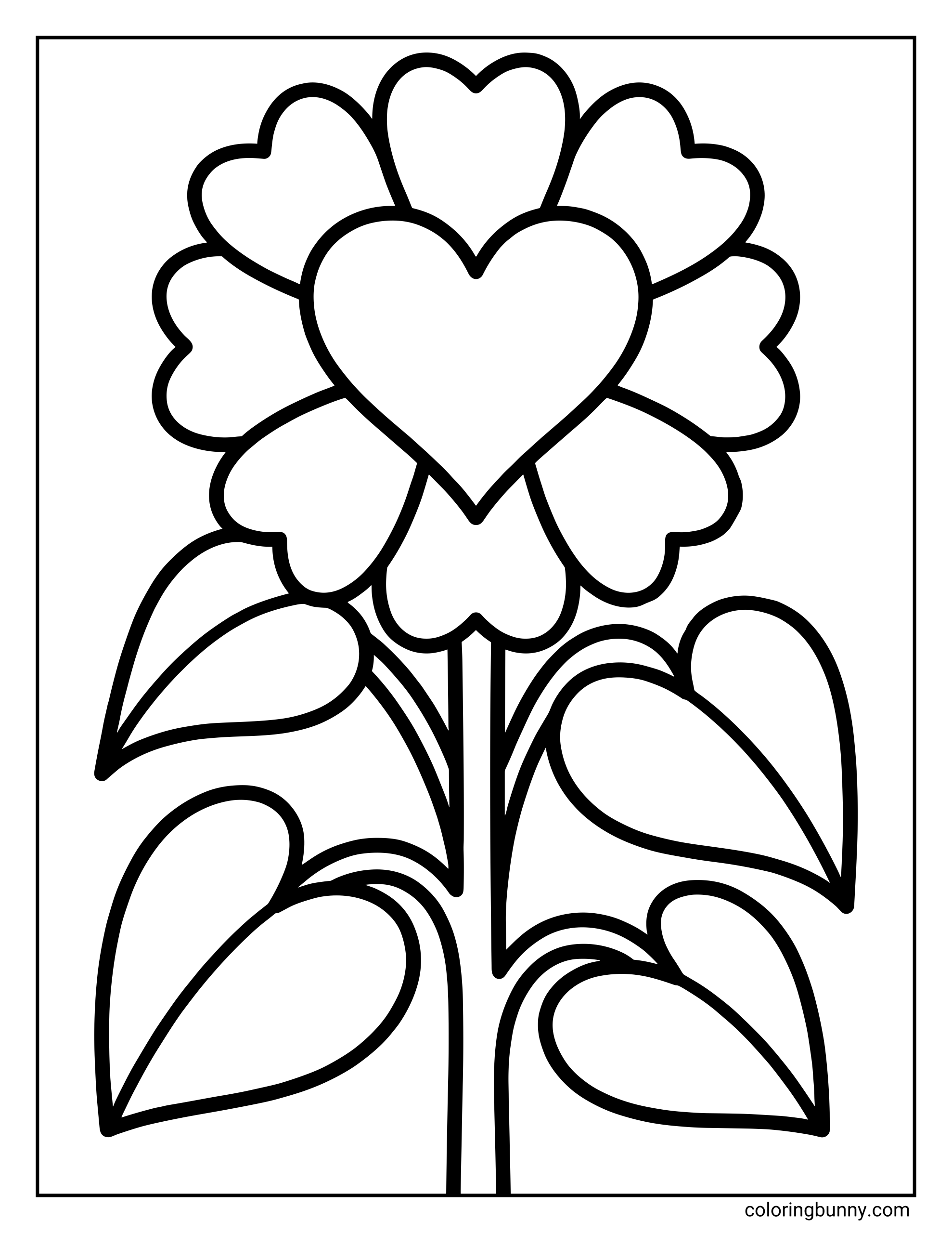 A heart flower coloring page featuring a large flower with a heart center, surrounded by rounded petals and four heart-shaped leaves on a sturdy stem.
