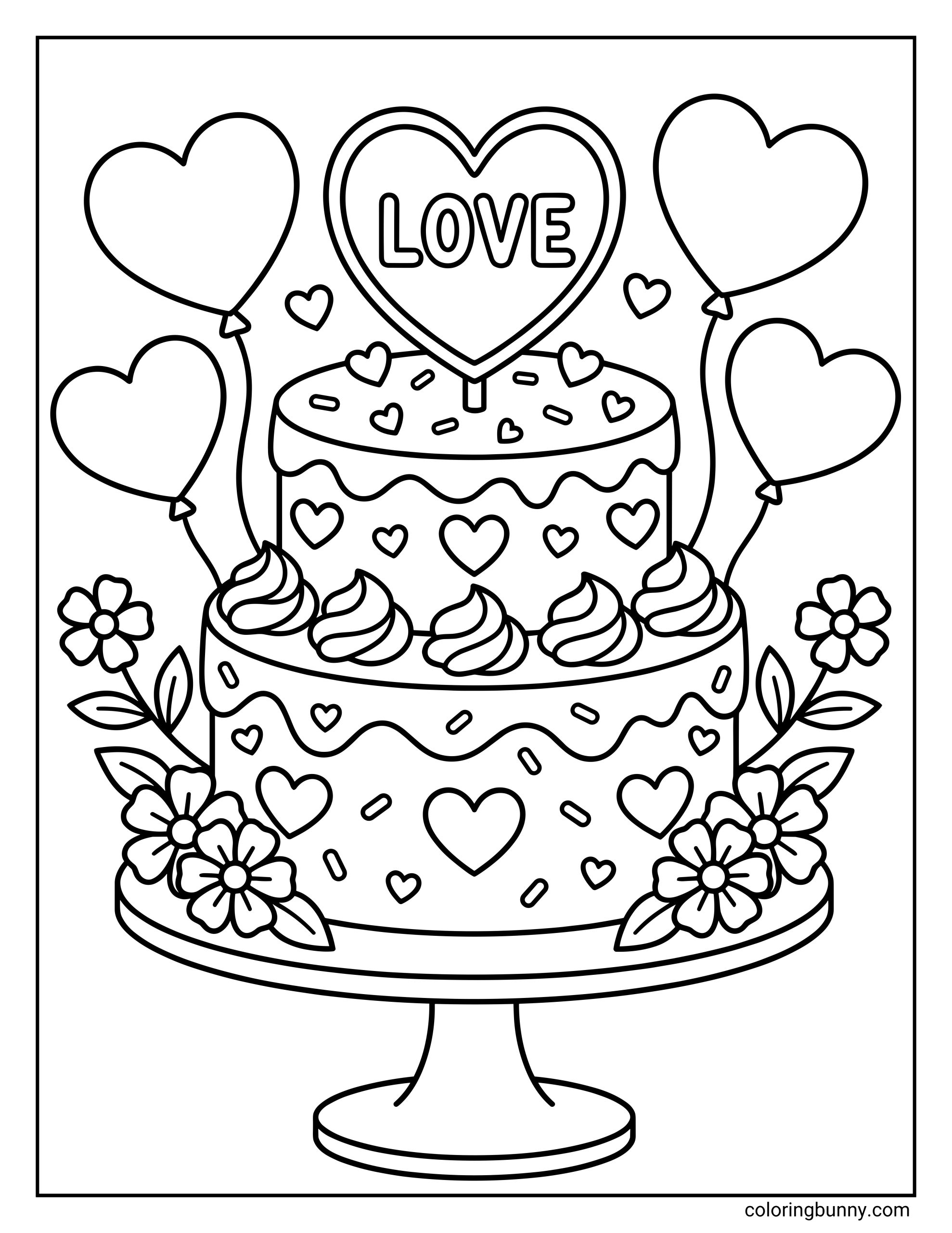 A detailed coloring page of a two-tiered cake on a stand decorated with hearts, sprinkles, flowers, and heart-shaped balloons, topped with a "LOVE" sign.