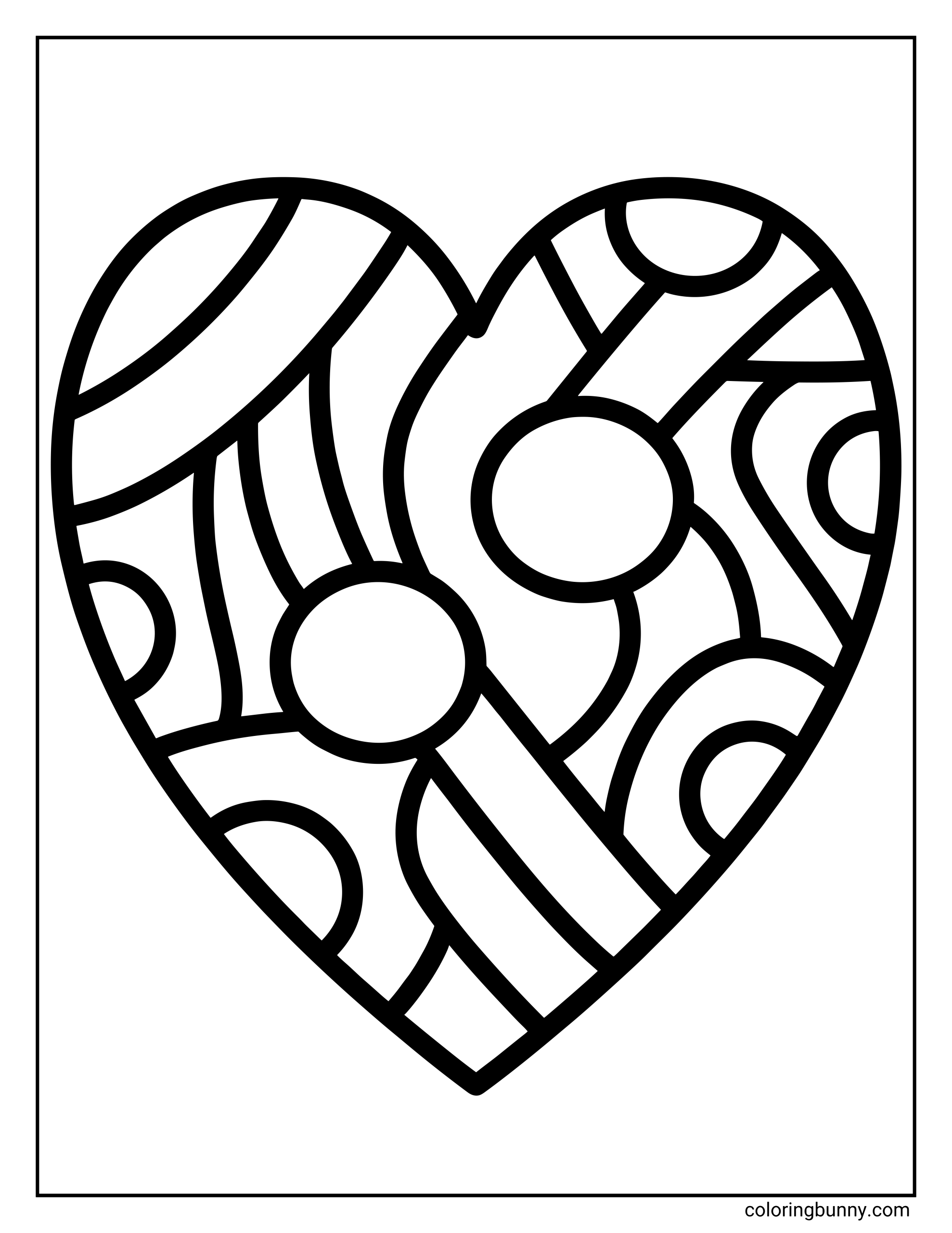 A simple heart coloring page for kids featuring a large heart outline filled with an abstract pattern of thick wavy lines and circles.