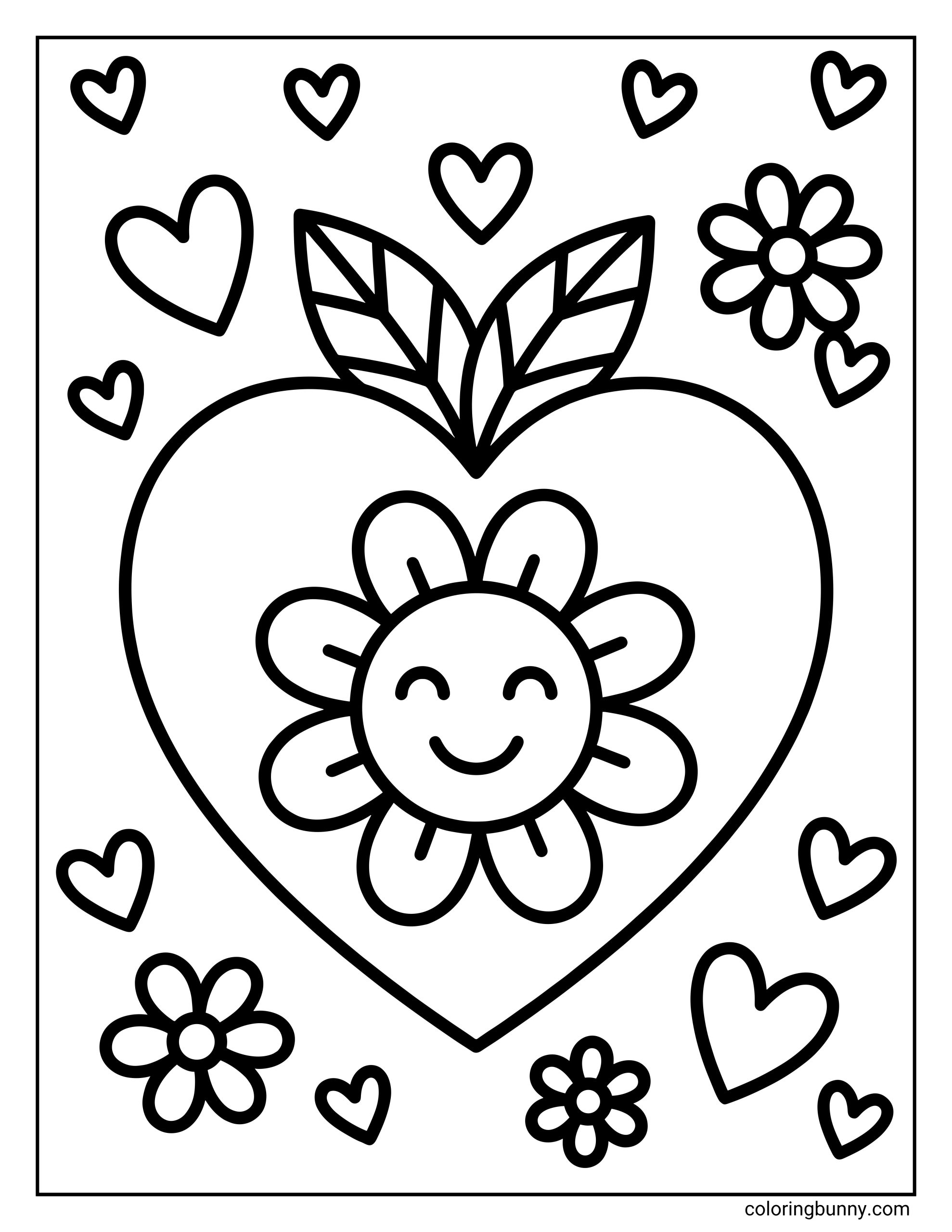 An easy coloring page for children featuring a large heart with a happy flower in the center and leaves on top, surrounded by smaller hearts and blossoms.