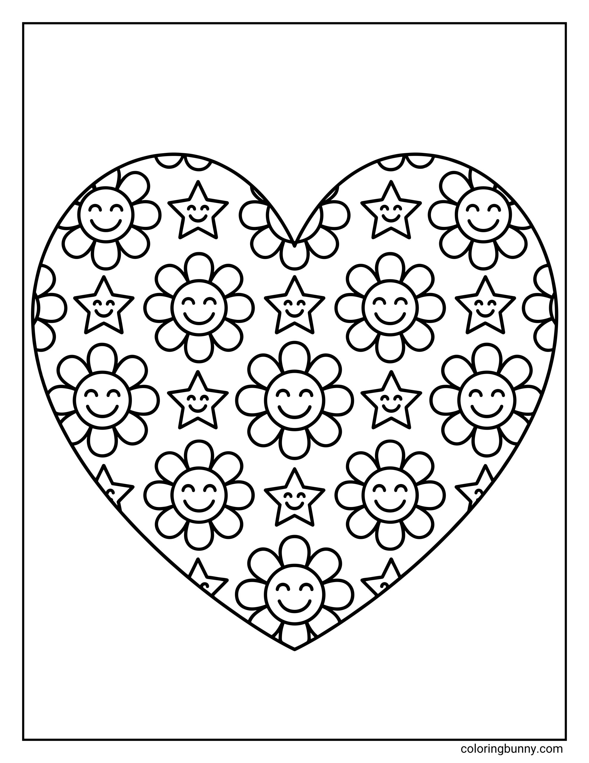 A simple coloring page showing a large heart filled with repeating smiling flower shapes and star shapes, drawn in bold black outlines on a white background.