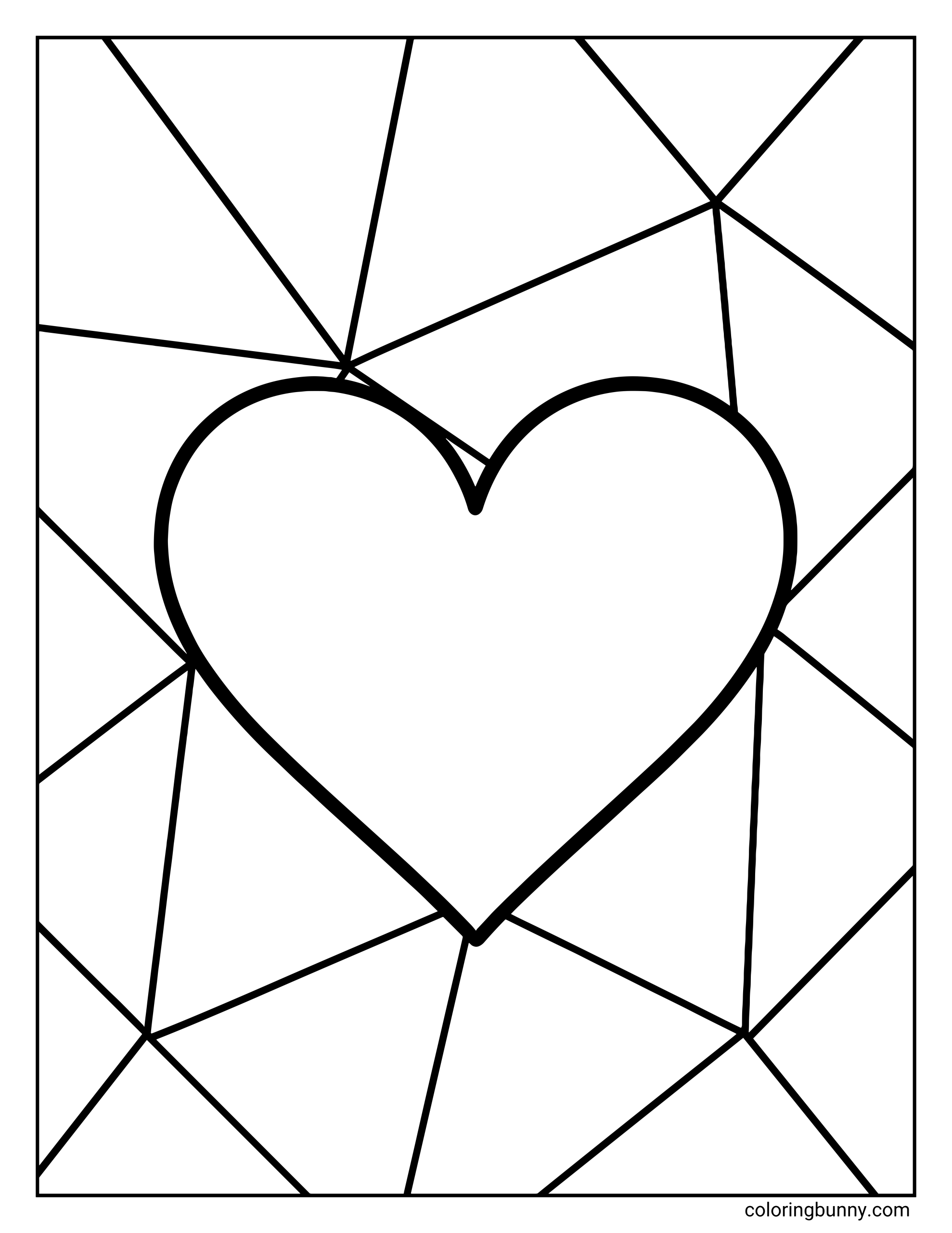 A kids coloring sheet with a large heart outline in the center, surrounded by a background of large, irregular geometric shapes that look like a glass window.