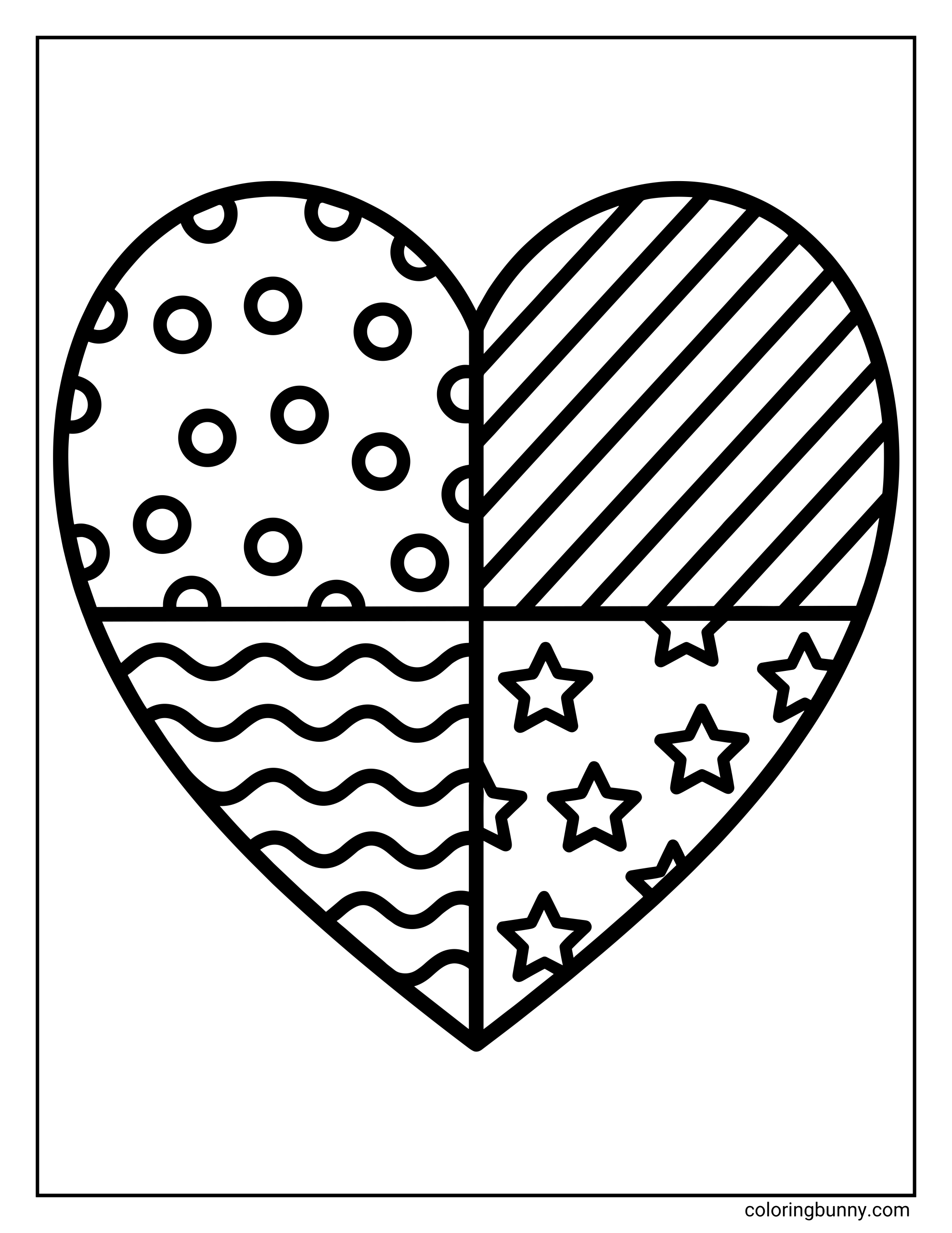 A simple heart coloring page featuring a large heart divided into four sections, each filled with different patterns including dots, diagonal stripes, wavy lines, and stars, outlined in bold black lines on a white background.