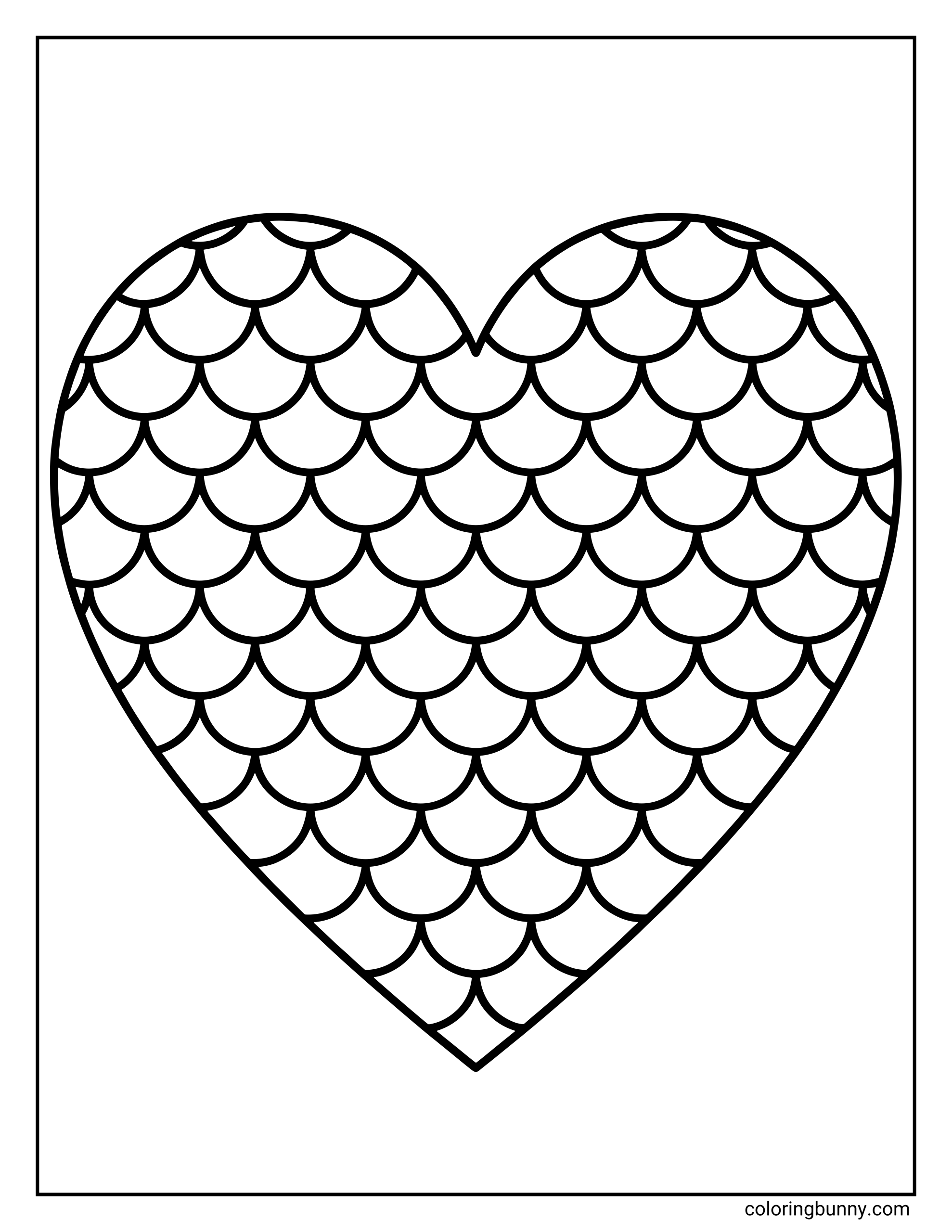 A simple coloring page showing a large symmetrical shape filled with repeating curved scale patterns, drawn in bold black outlines on a white background.