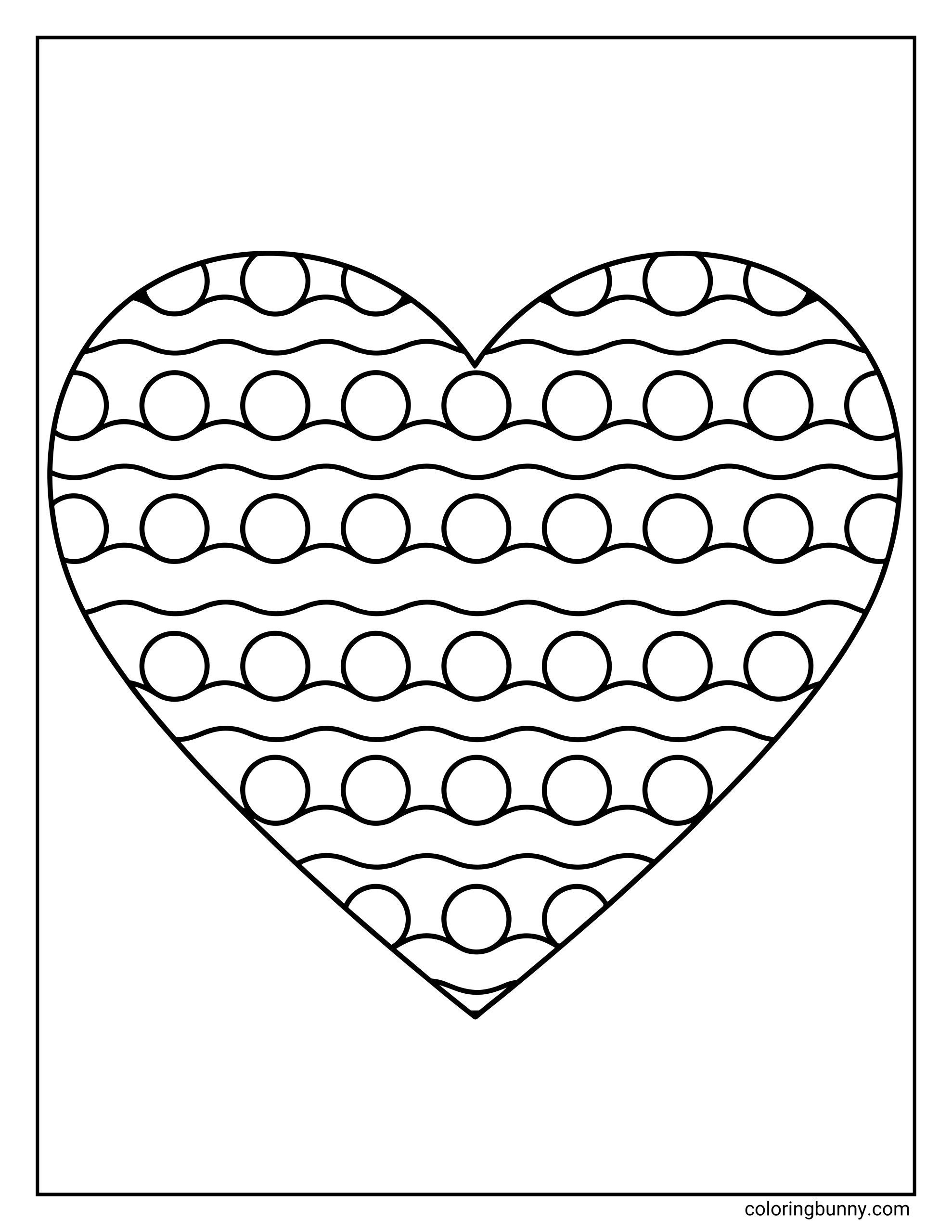 A simple heart coloring page for kids showing a large heart filled with alternating rows of horizontal wavy lines and small circles.