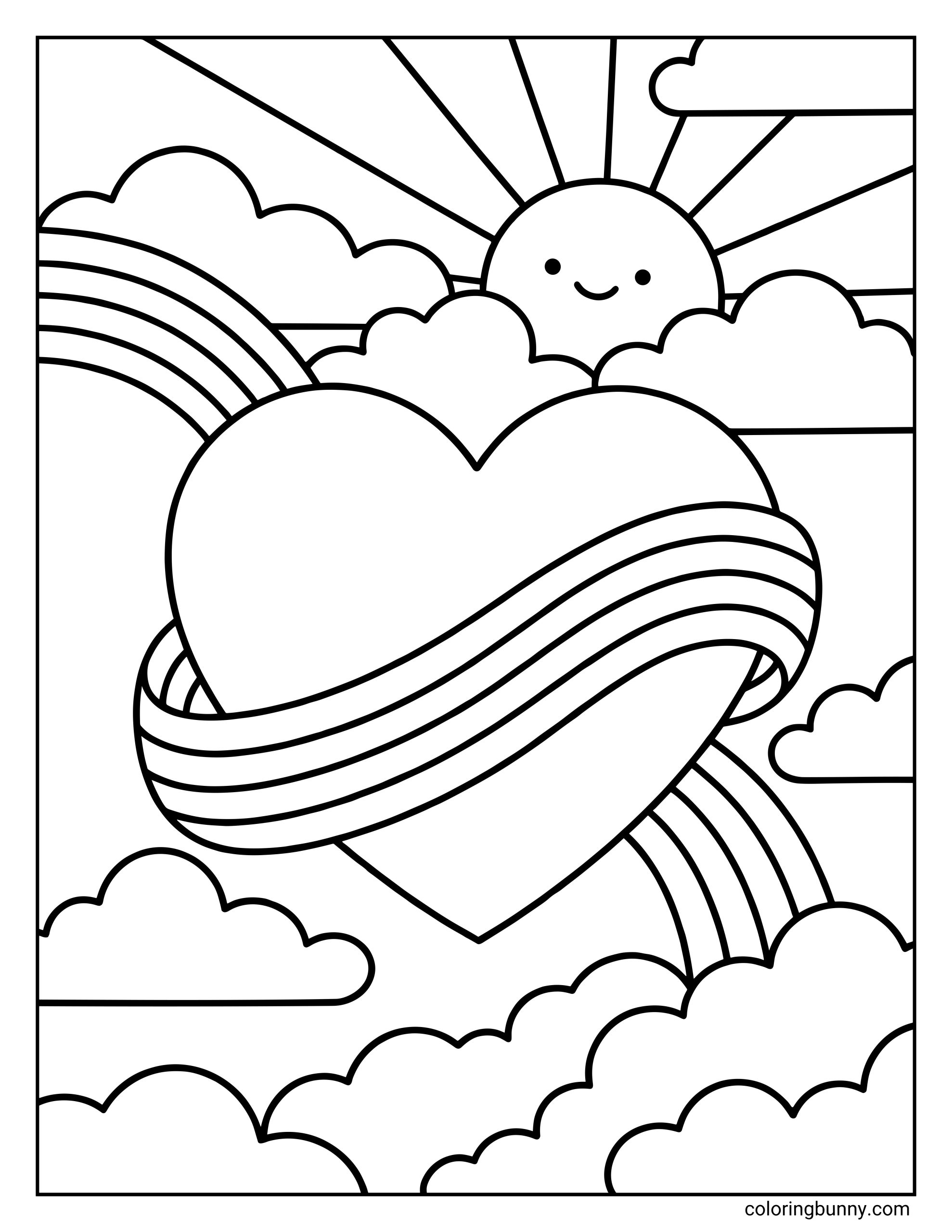 A heart coloring page showing a large heart wrapped with a flowing rainbow band, surrounded by clouds and a smiling sun with rays in a simple black-and-white outline.