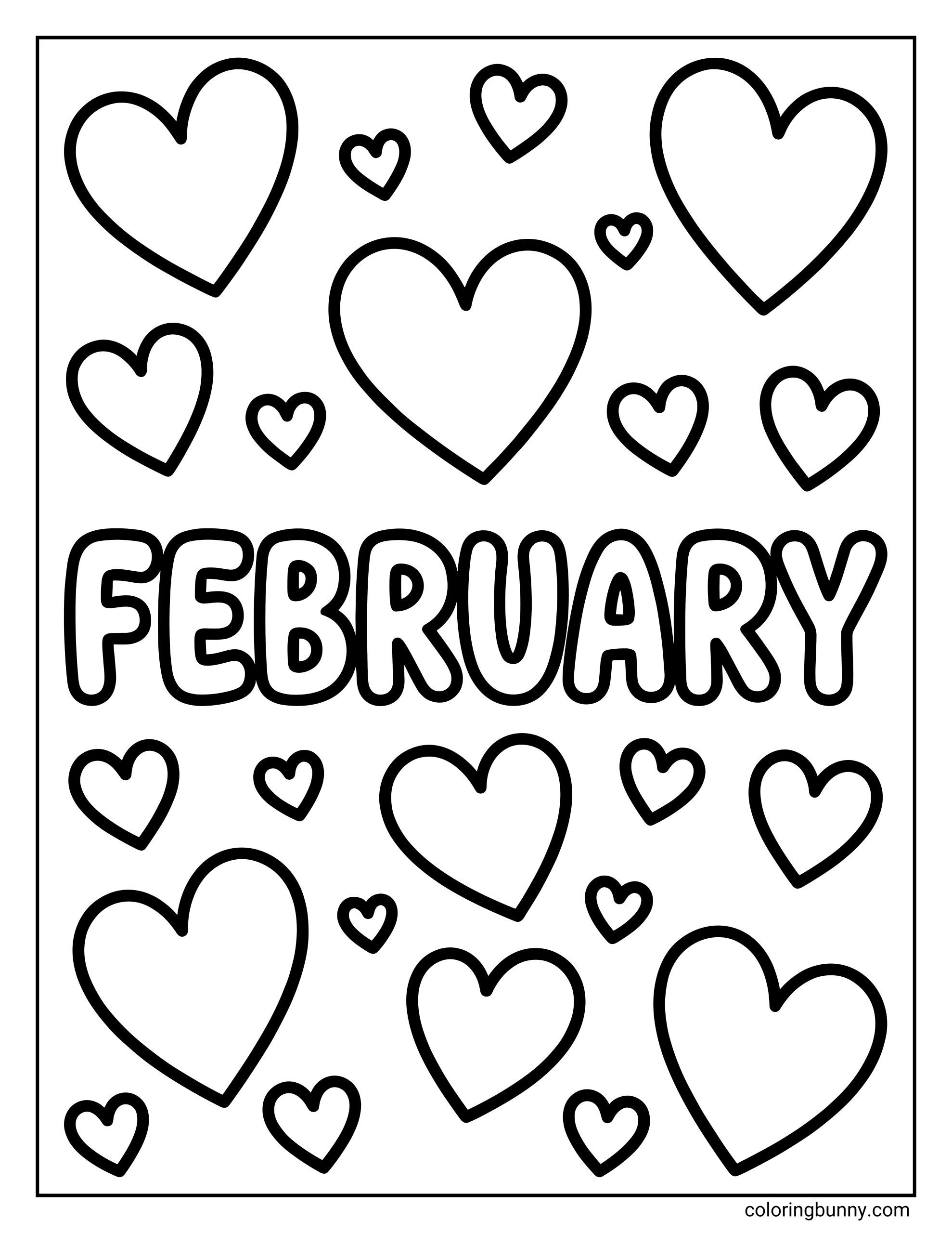 A February coloring page featuring the word "FEBRUARY" in the center surrounded by floating hearts of various sizes.
