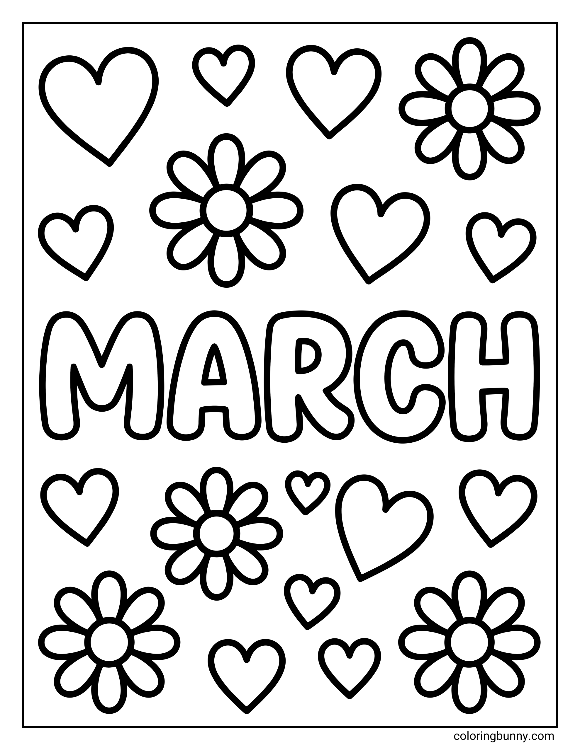 A March coloring page featuring the word "MARCH" in the center surrounded by floating hearts and daisy-like flowers.