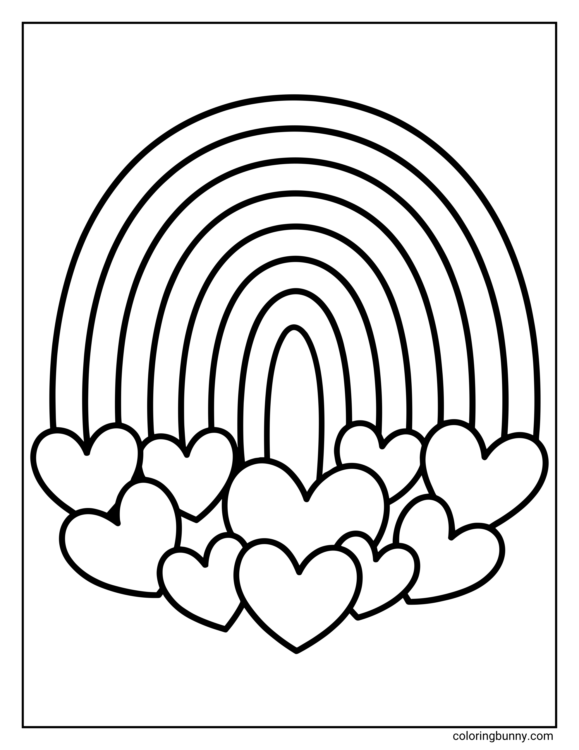 A heart coloring page showing a large rainbow made of curved bands arching over multiple heart shapes clustered at the bottom, drawn in simple black-and-white outlines on a white background.