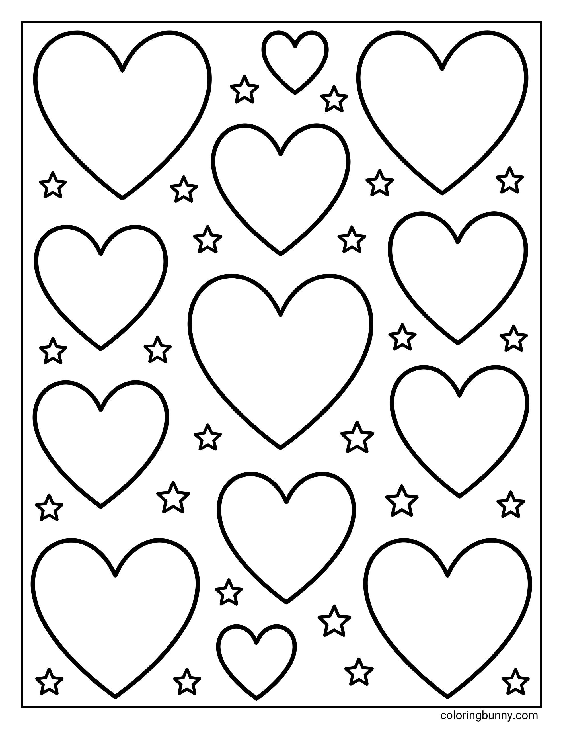 A simple hearts coloring page featuring multiple heart shapes of different sizes arranged across the page, with small star shapes scattered between them, all outlined in bold black lines on a white background.