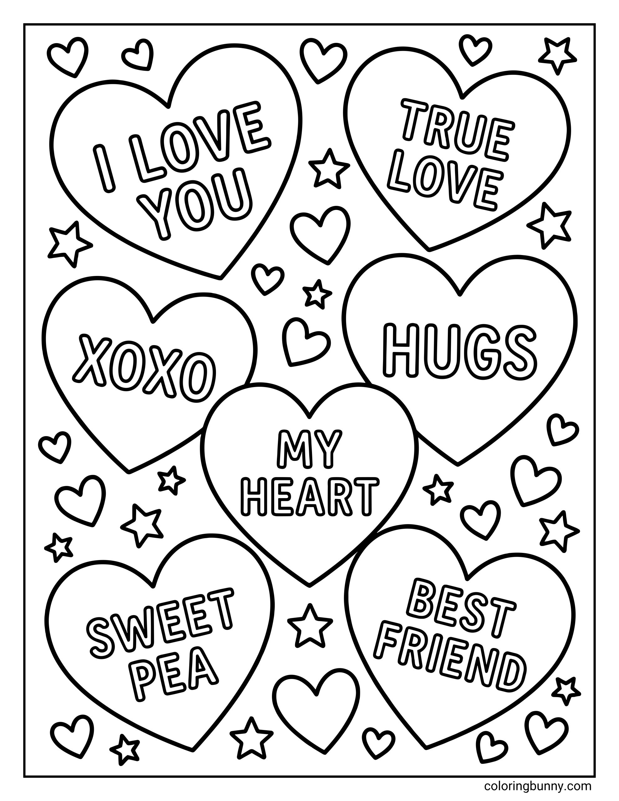 A heart coloring page featuring multiple heart shapes with words inside, including “I Love You,” “True Love,” “XOXO,” “Hugs,” “My Heart,” “Sweet Pea,” and “Best Friend,” surrounded by small hearts and stars in black-and-white outlines.