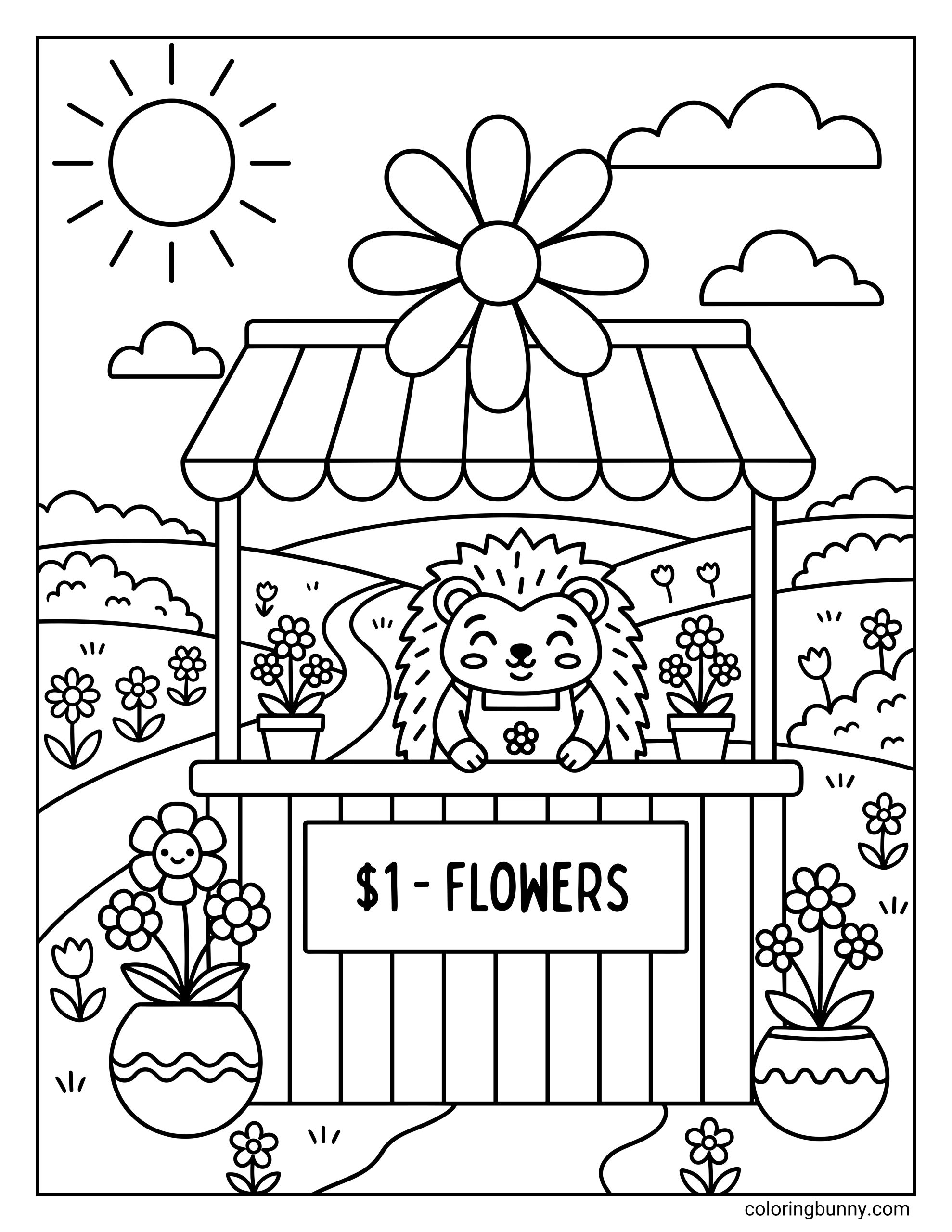 A cute flower coloring page of Hazel the hedgehog wearing a floral apron and standing behind her wooden flower stall on a beautiful sunny day.