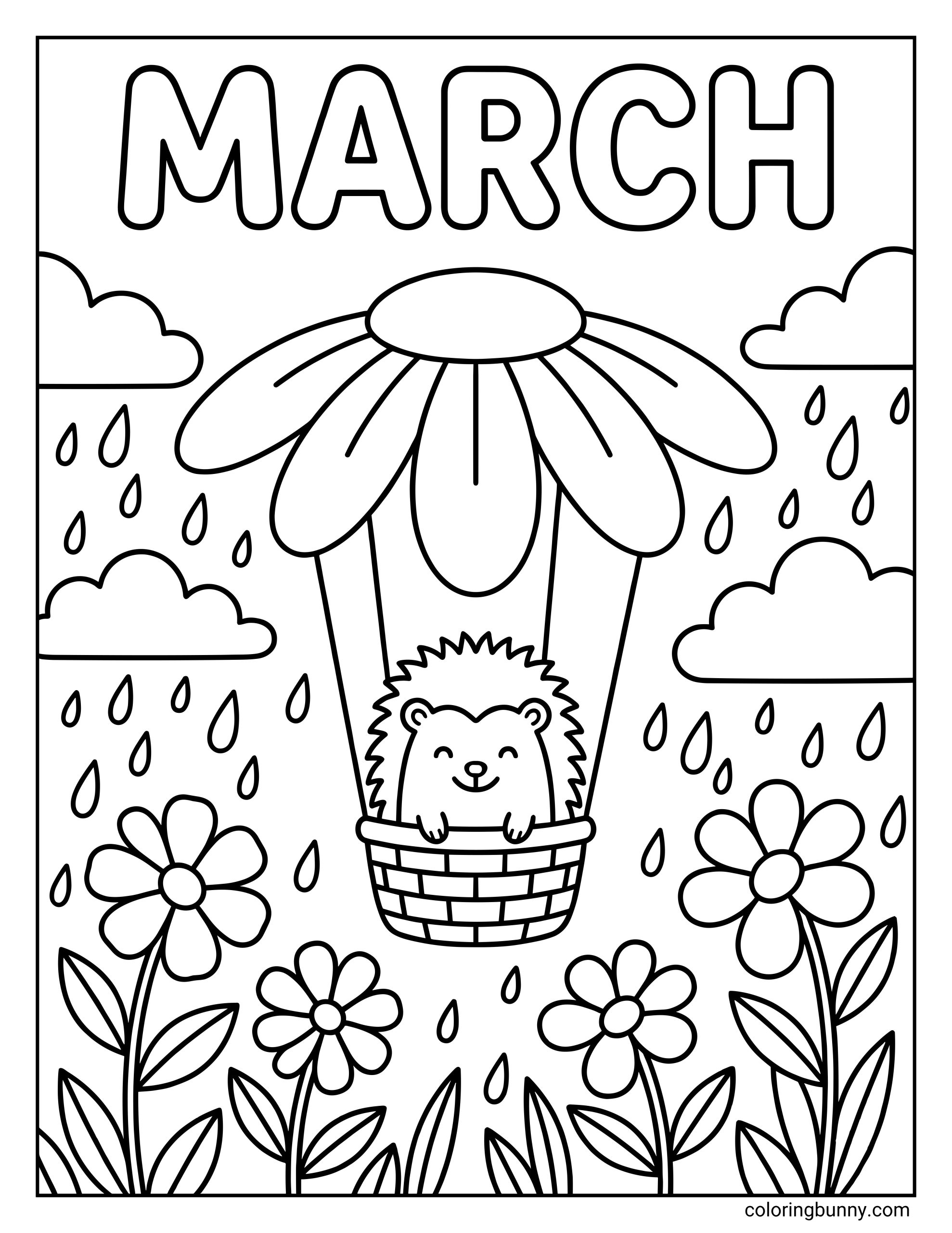 A cute March coloring page featuring a hedgehog riding in a hot air balloon made of a giant flower, floating through the rain under the word "MARCH."
