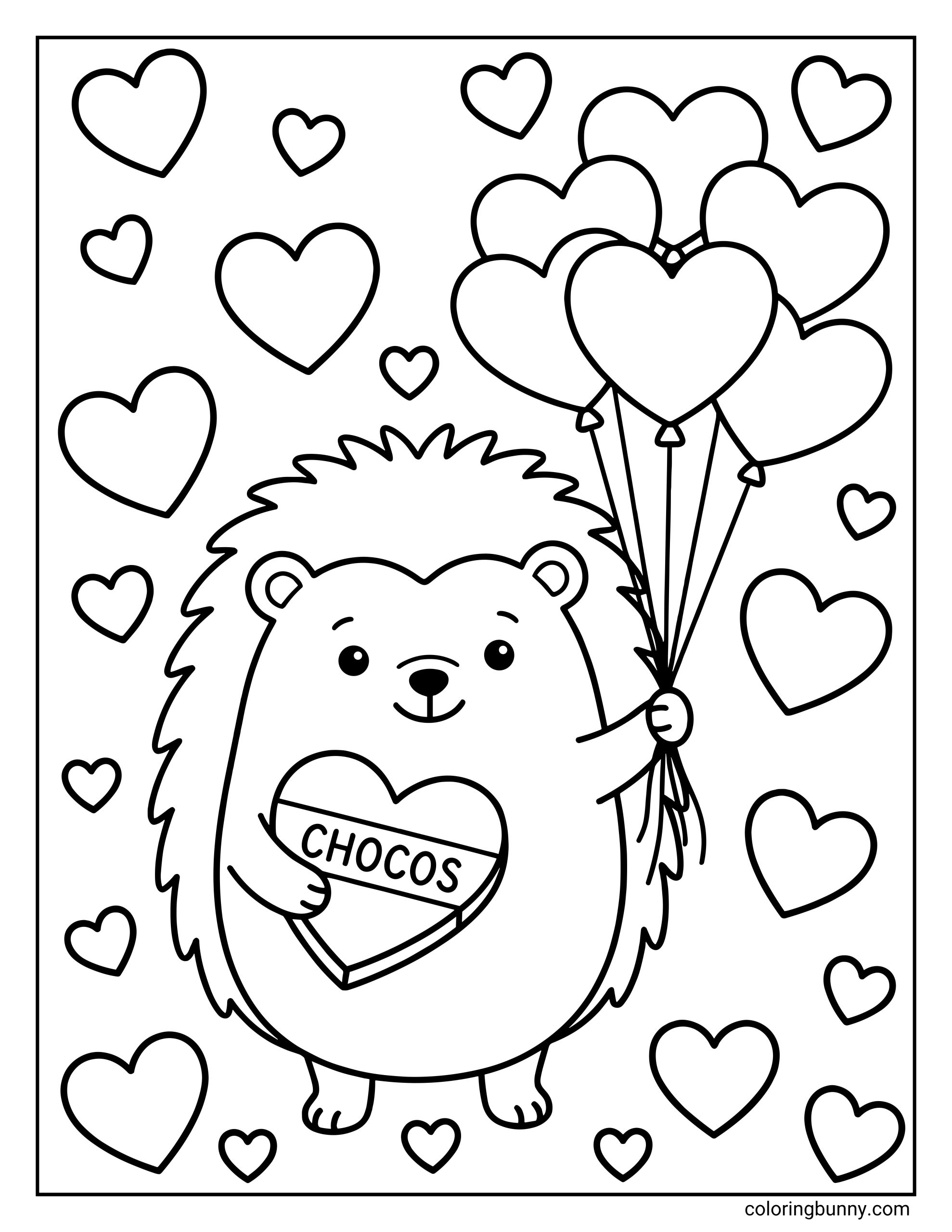 A kids coloring page showing a smiling hedgehog holding a heart-shaped box labeled “CHOCOS” and a bunch of heart-shaped balloons, surrounded by multiple floating hearts in a simple black-and-white outline.