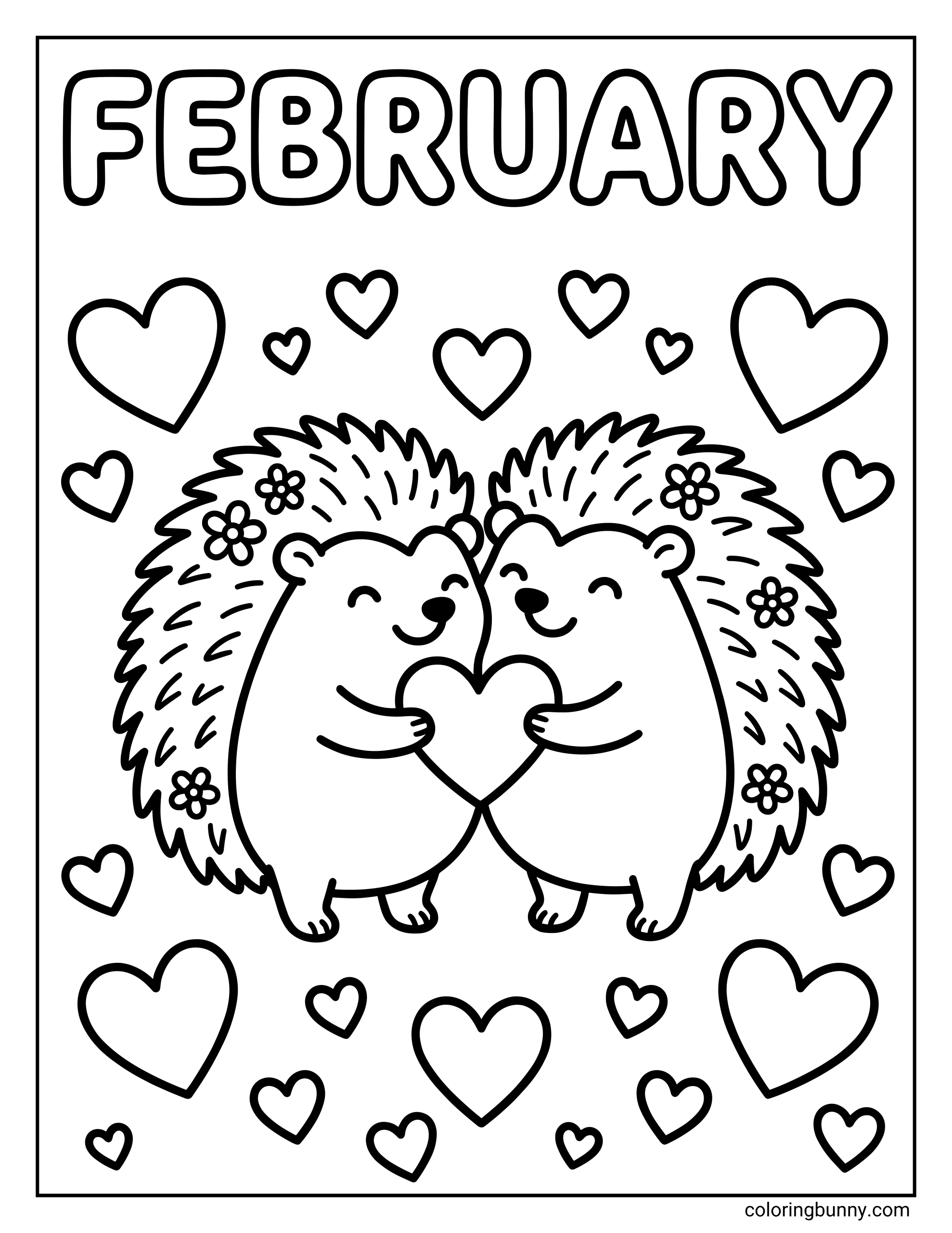 February coloring page featuring two cute hedgehogs holding a heart and wearing flower accessories, surrounded by love hearts.