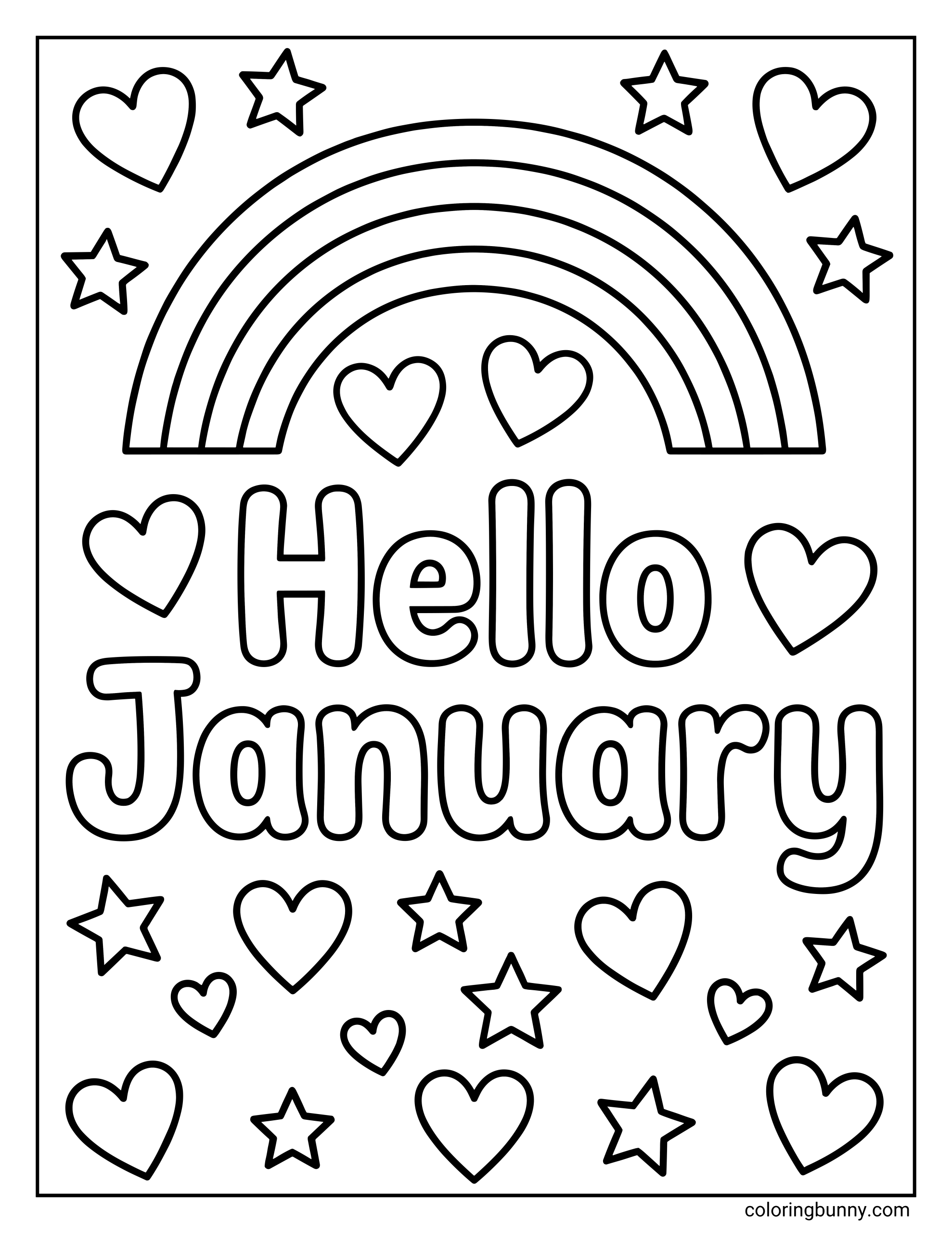 A coloring page featuring the text Hello January under a rainbow, surrounded by a pattern of hearts and stars.