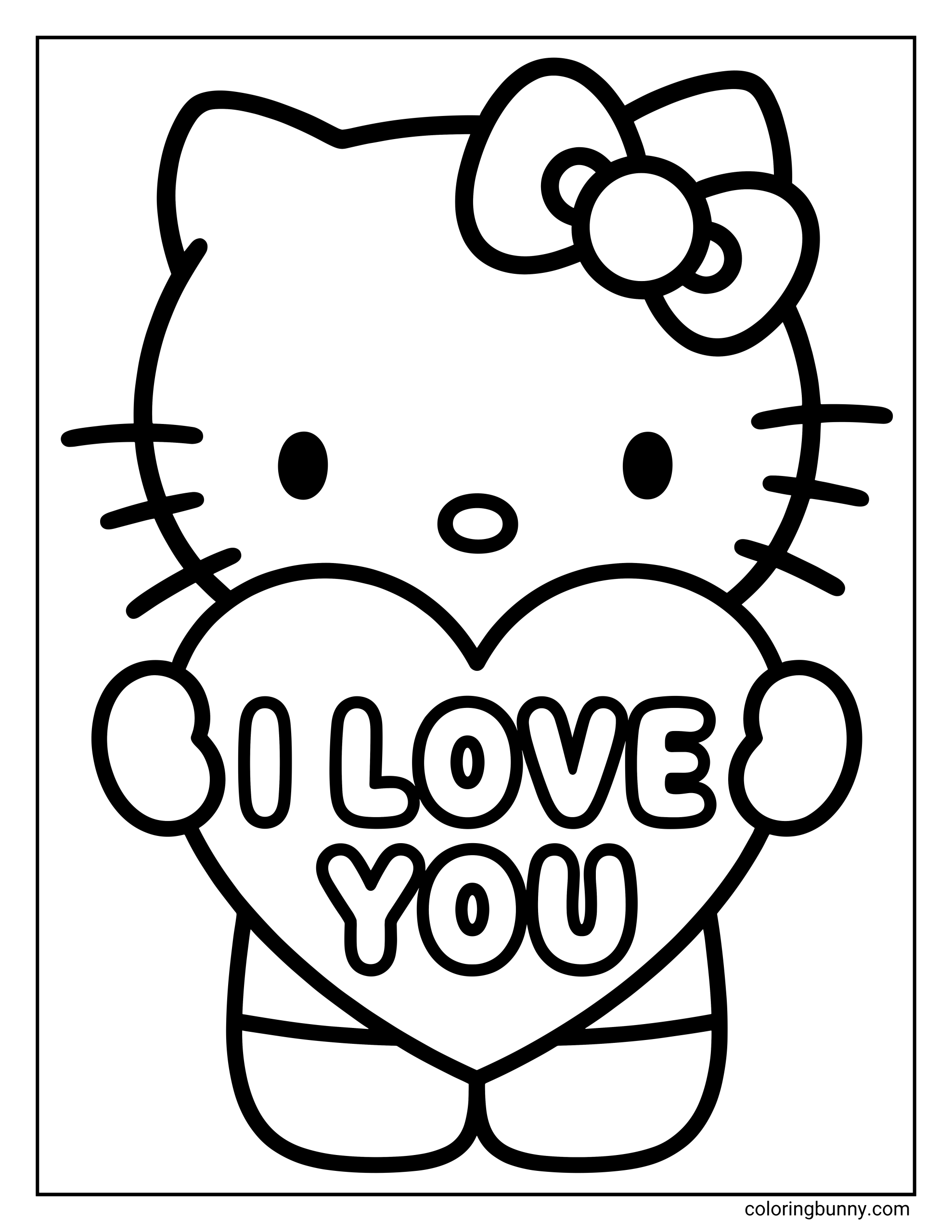 A Hello Kitty Valentine's Day coloring page of Hello Kitty holding a large heart with 'I LOVE YOU' written inside.