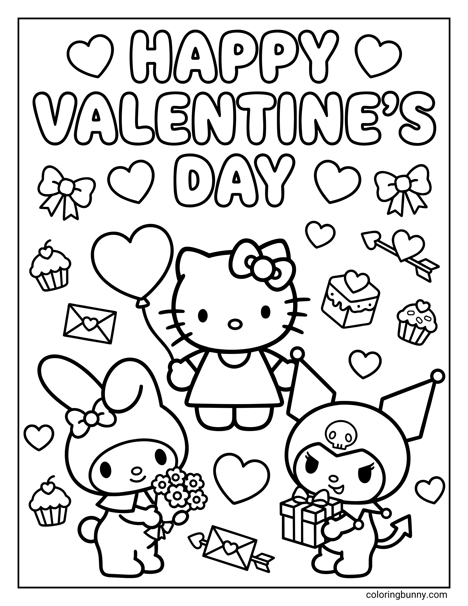 A Sanrio Valentine's Day coloring page of Hello Kitty with a heart balloon, My Melody holding flowers, and Kuromi holding a gift, surrounded by cupcakes, letters, and arrows under the large words 'HAPPY VALENTINE'S DAY'.