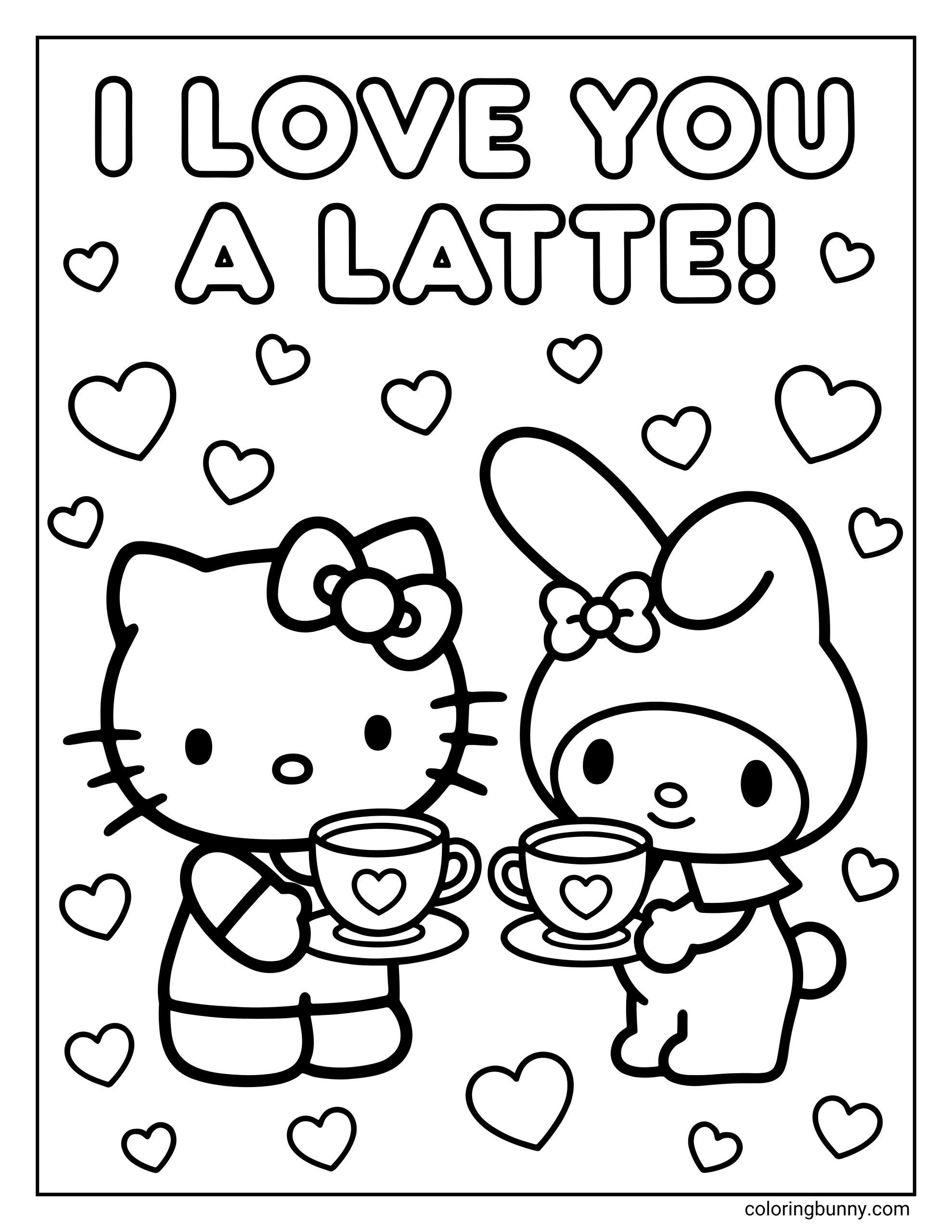 A Hello Kitty Valentine's Day coloring page of a black and white drawing showing Hello Kitty and My Melody holding heart-decorated latte cups beneath the words 'I LOVE YOU A LATTE!' with hearts floating in the background.