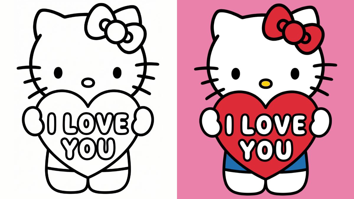 Hello Kitty Valentine's Day Coloring Pages with I Love You message