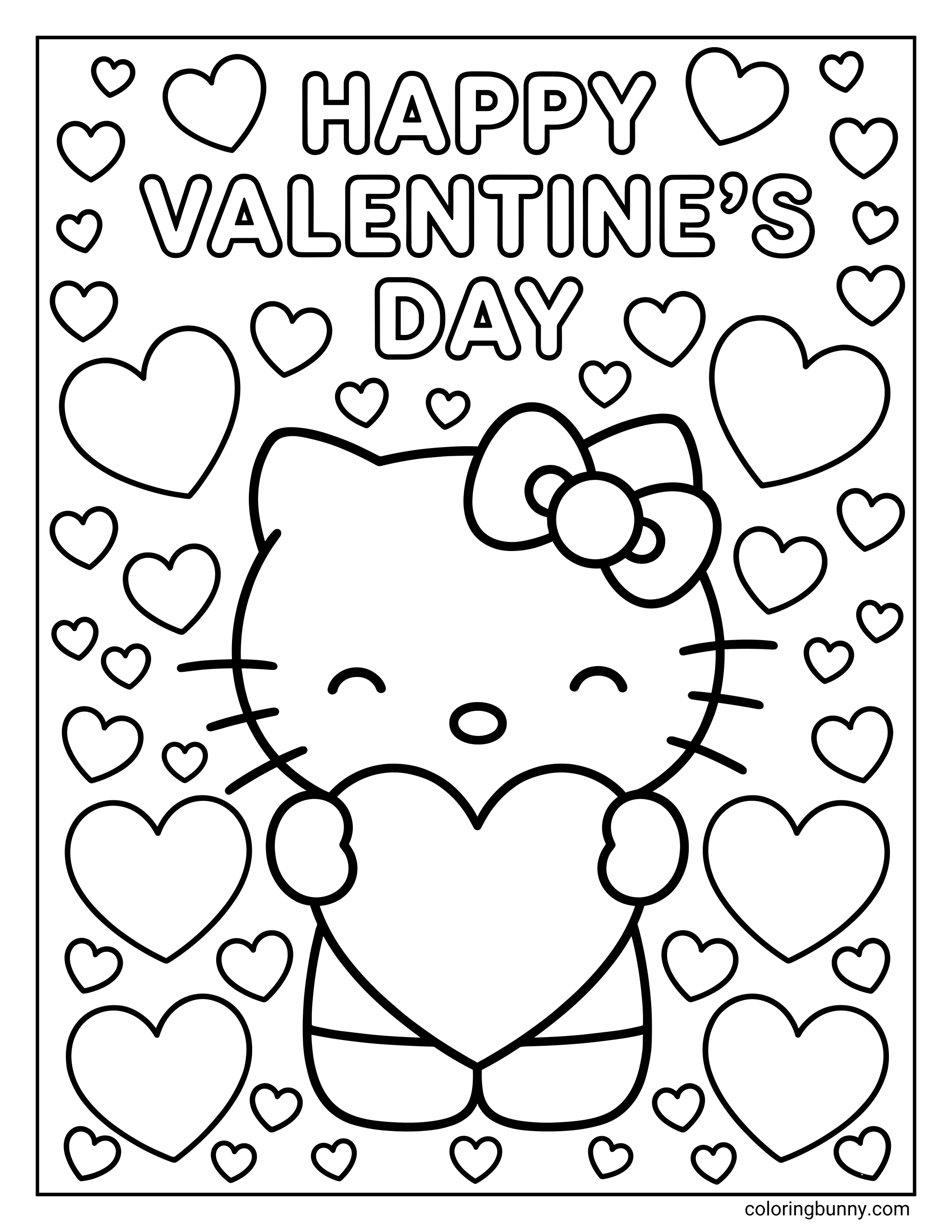A coloring page of Hello Kitty valentine's holding a large heart, surrounded by many floating hearts under the words 'HAPPY VALENTINE'S DAY'.