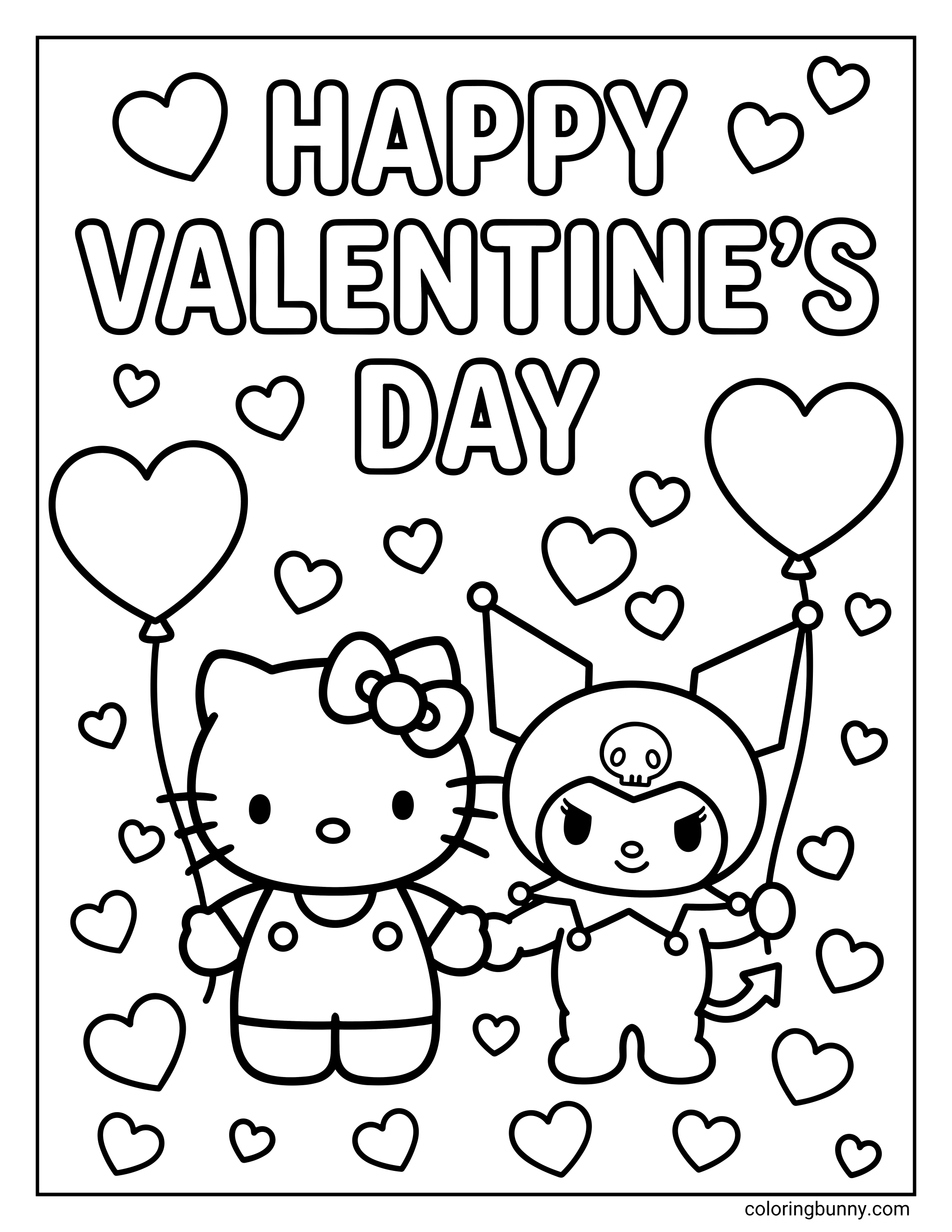 A coloring page of Hello Kitty and Kuromi holding hands and heart balloons, surrounded by floating hearts with 'HAPPY VALENTINE'S DAY' written at the top.