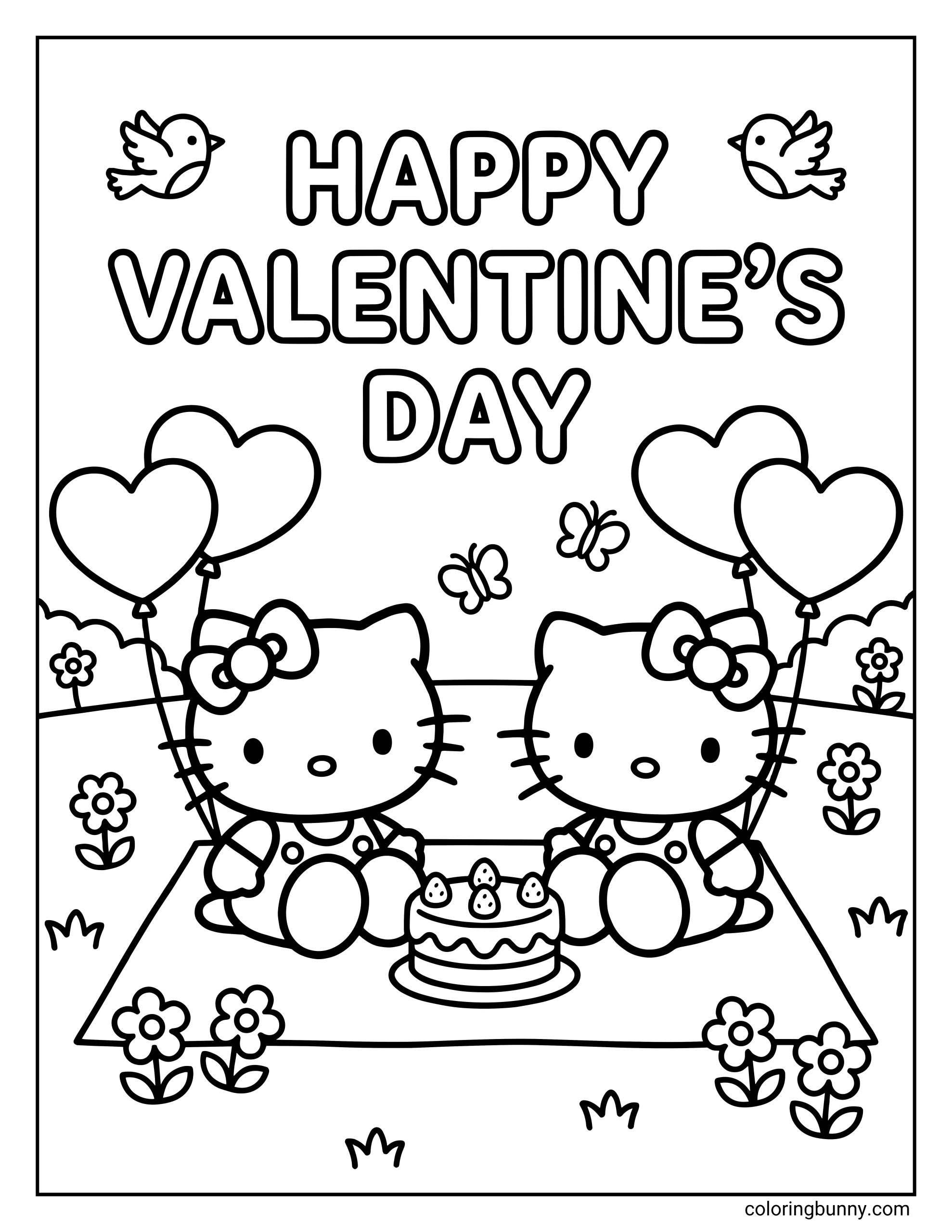 A coloring page of Hello Kitty and Mimmy sitting on a picnic blanket with a cake and heart balloons under a 'HAPPY VALENTINE'S DAY' banner.