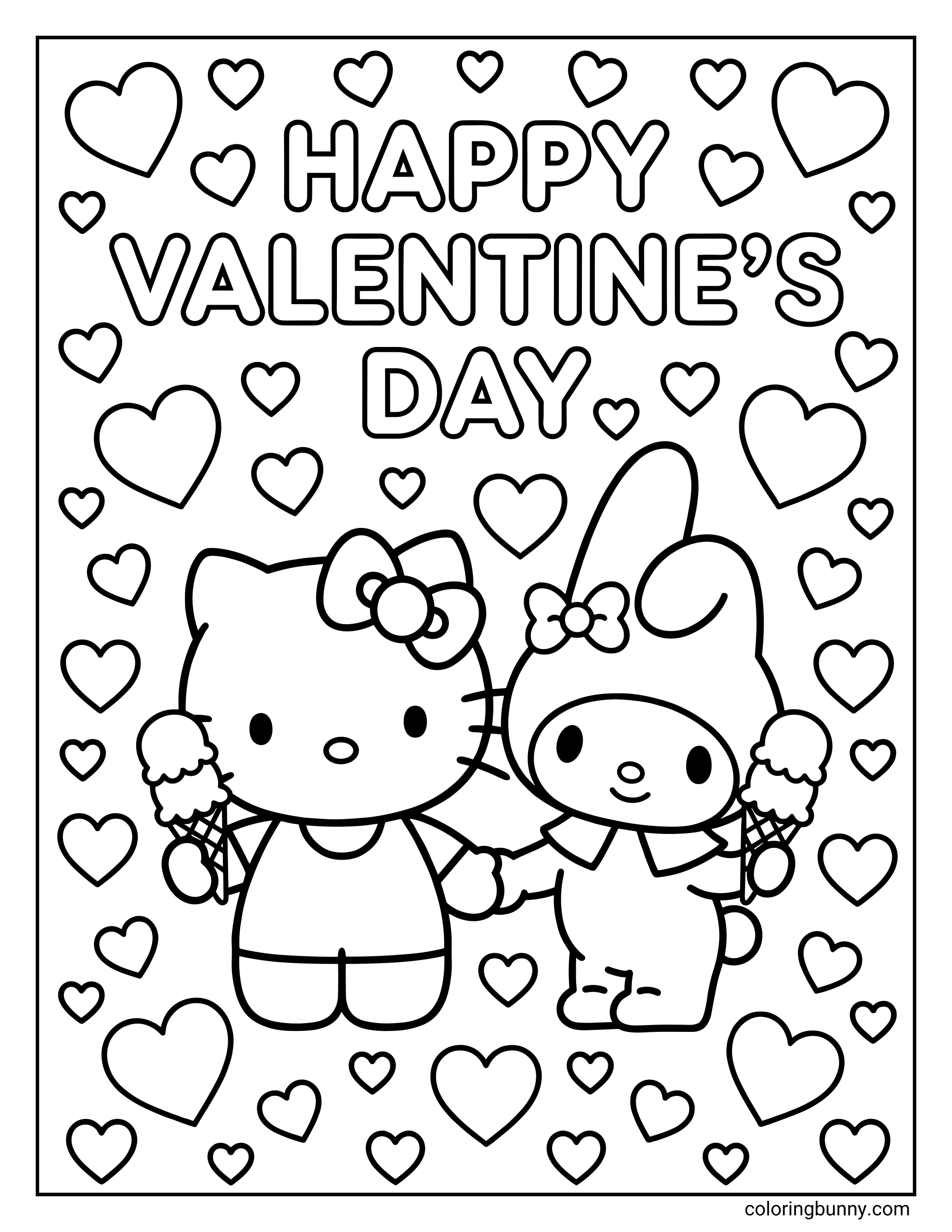A coloring page of Hello Kitty and My Melody holding ice cream cones and hands, surrounded by hearts under a 'HAPPY VALENTINE'S DAY' banner.