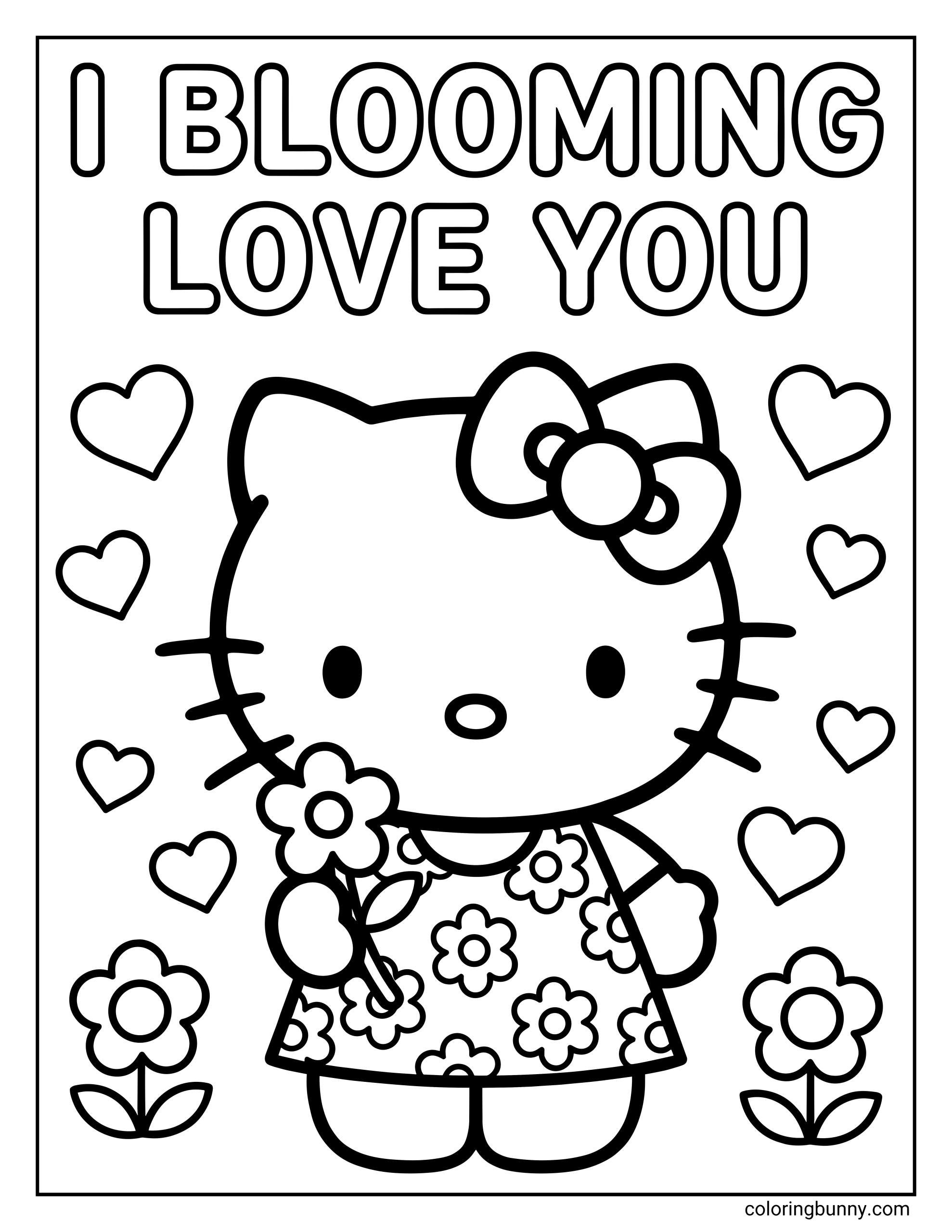 A coloring page of Hello Kitty in a floral-patterned dress holding a flower, surrounded by hearts and flowers under the words 'I BLOOMING LOVE YOU'.