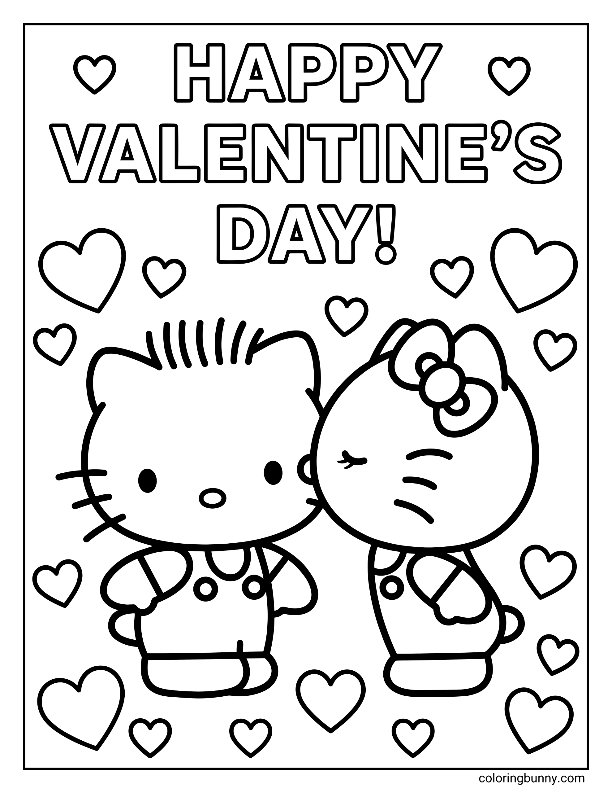 A Hello Kitty Valentine's Day coloring page of a black and white scene where Hello Kitty is kissing Dear Daniel on the cheek, surrounded by hearts and the big words 'HAPPY VALENTINE'S DAY!'