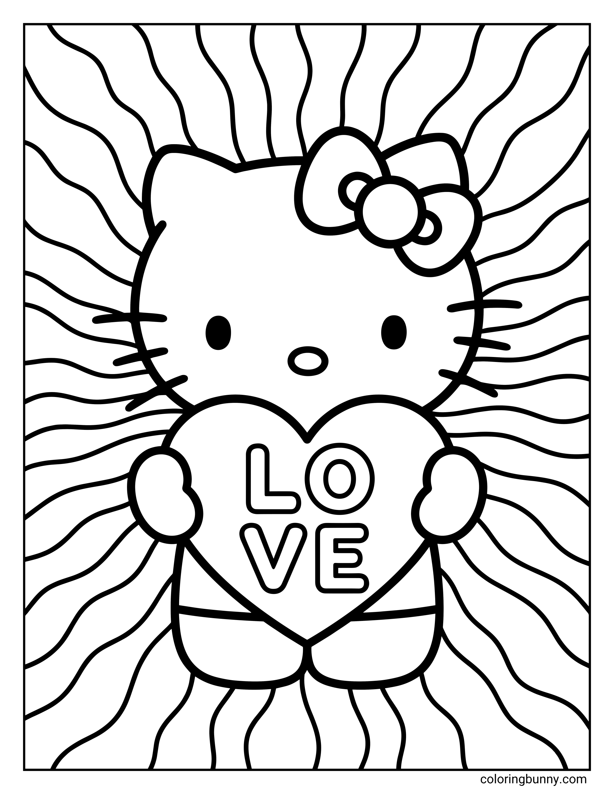 A Valentine's Day coloring page of Hello Kitty holding a large heart that says 'LOVE' against a background of radiating wavy lines.