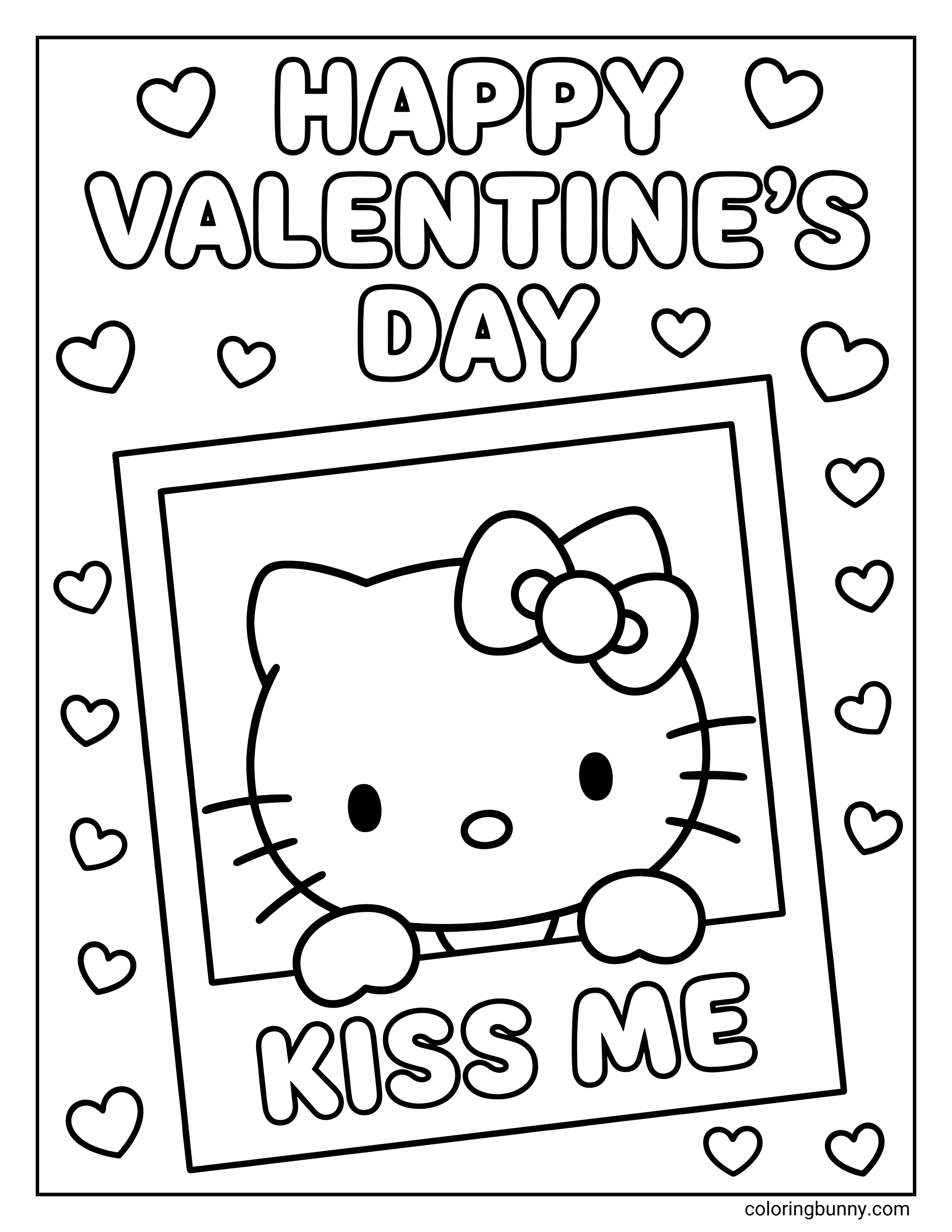 A black and white Hello Kitty Valentine's Day coloring page featuring Hello Kitty peeking out of a photo frame labeled 'KISS ME' with 'HAPPY VALENTINE'S DAY' and hearts above